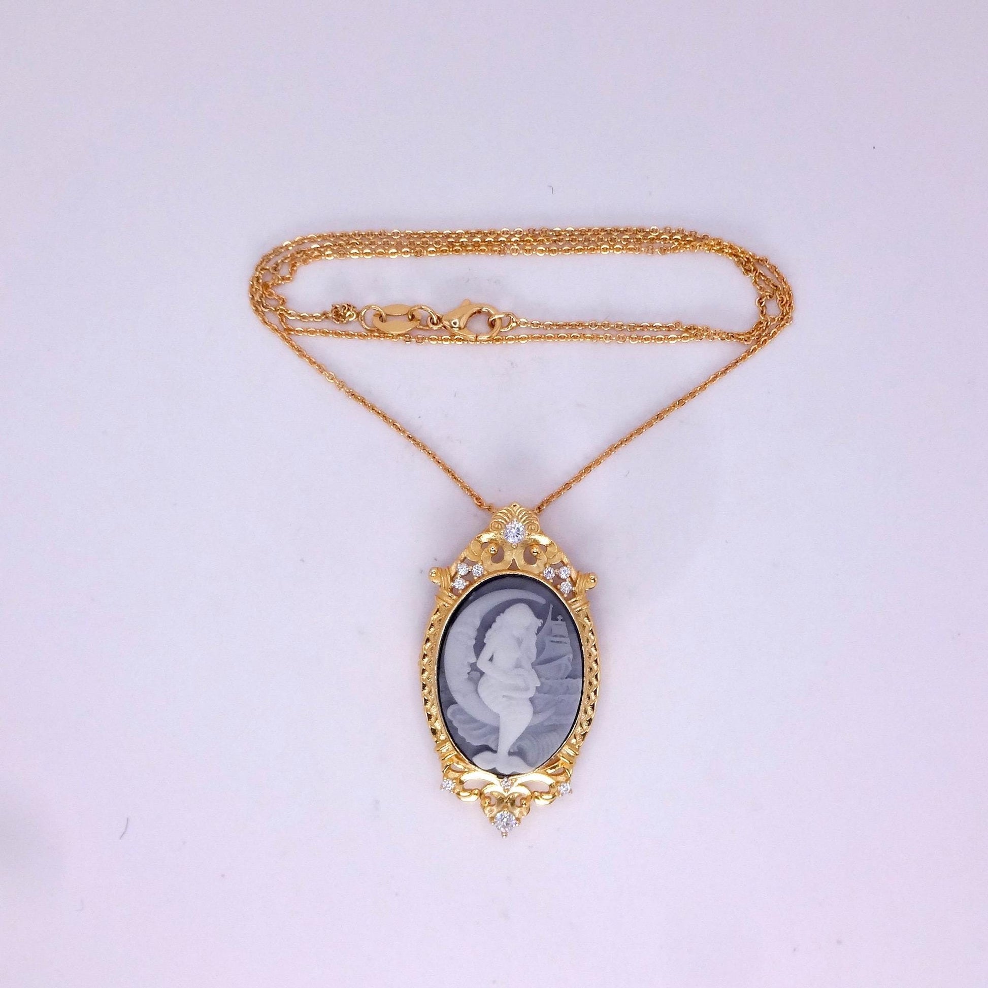 Vintage Black Onyx Mermaid Cameo Golden Sterling Silver Necklace Choker Pin