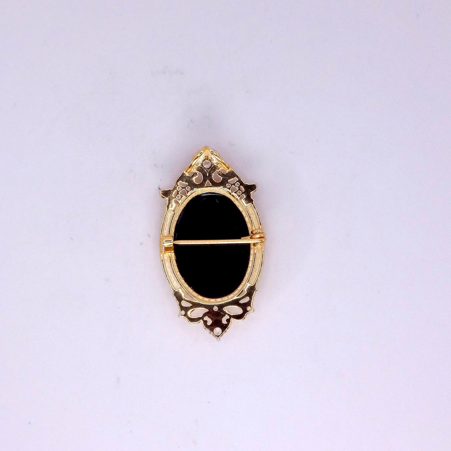 Vintage Black Onyx Mermaid Cameo Golden Sterling Silver Necklace Choker Pin