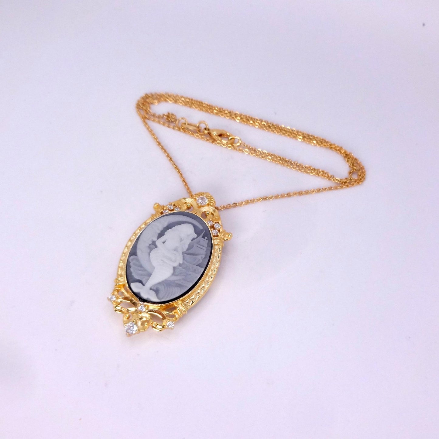 Vintage Black Onyx Mermaid Cameo Golden Sterling Silver Necklace Choker Pin