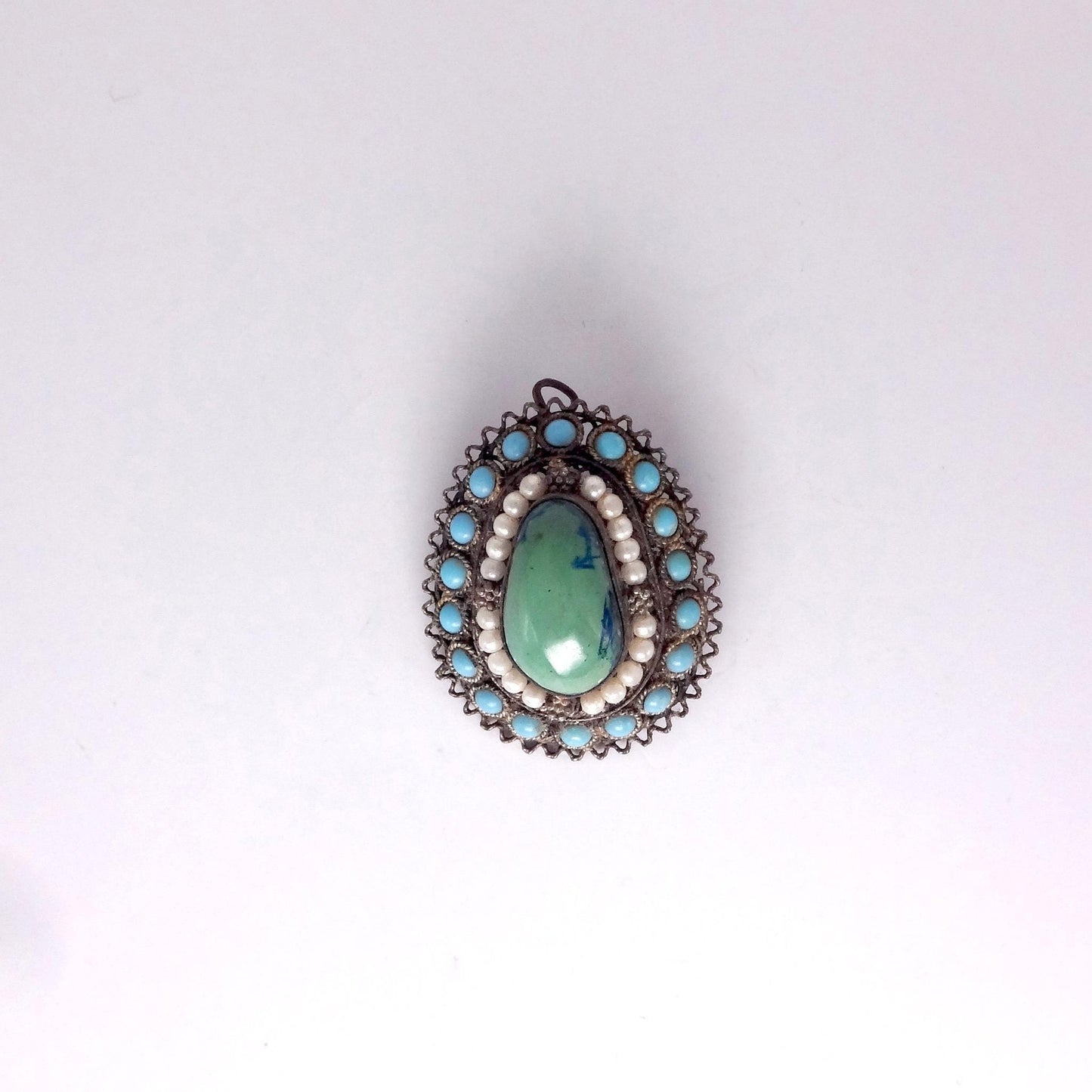 Vintage Austrio Hungarian Turquoise 925 Sterling Silver Brooch Pin Necklace