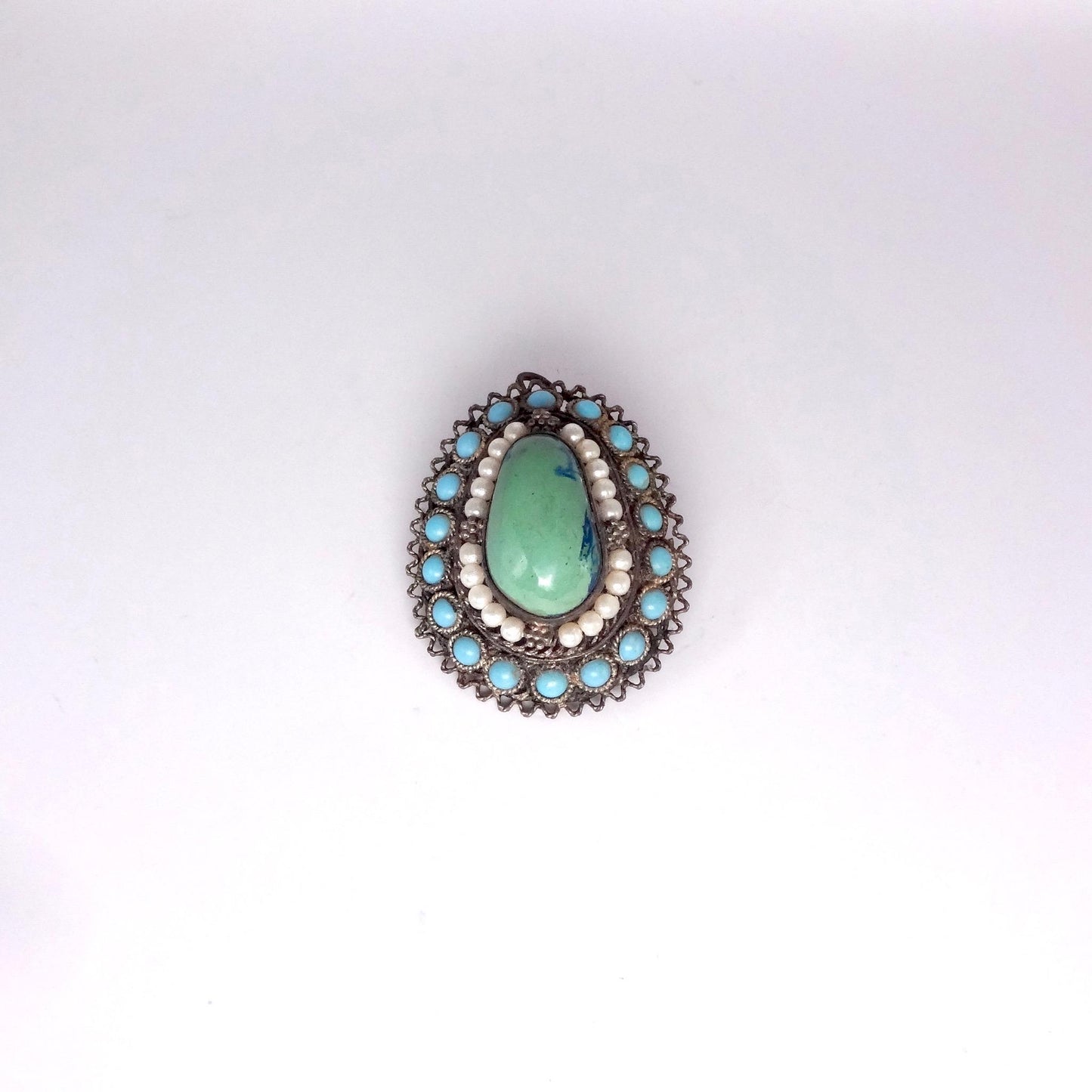 Vintage Austrio Hungarian Turquoise 925 Sterling Silver Brooch Pin Necklace