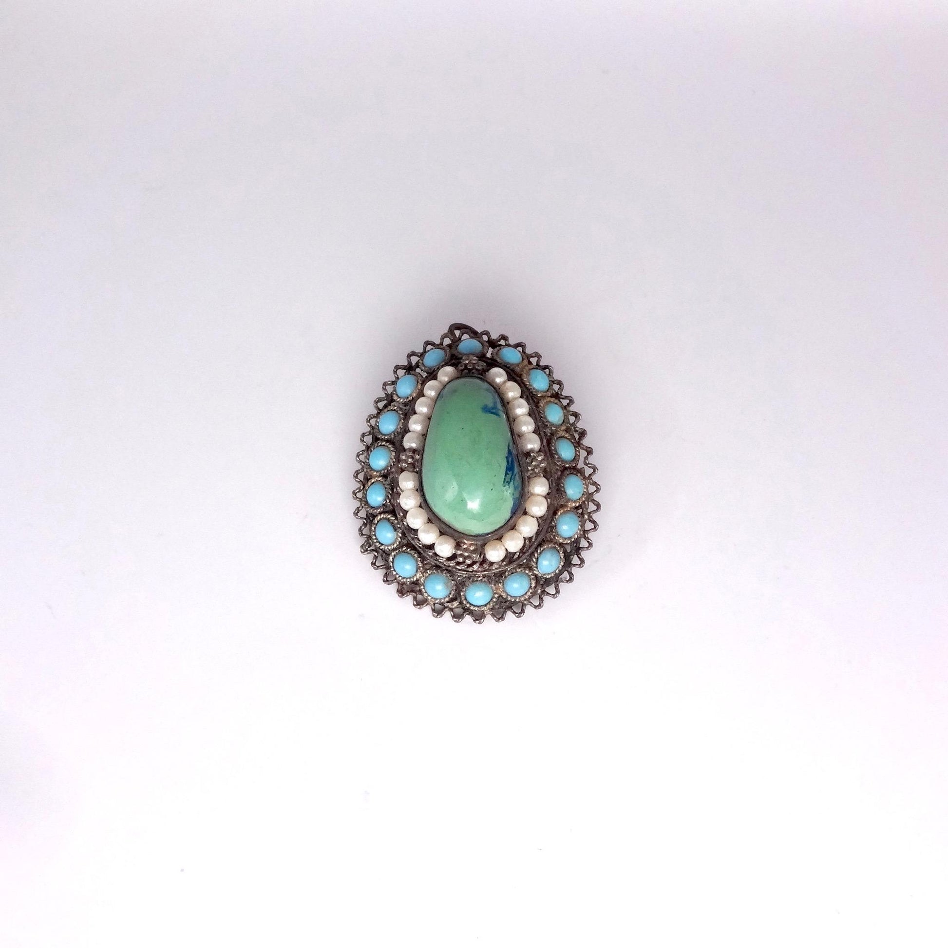 Vintage Austrio Hungarian Turquoise 925 Sterling Silver Brooch Pin Necklace