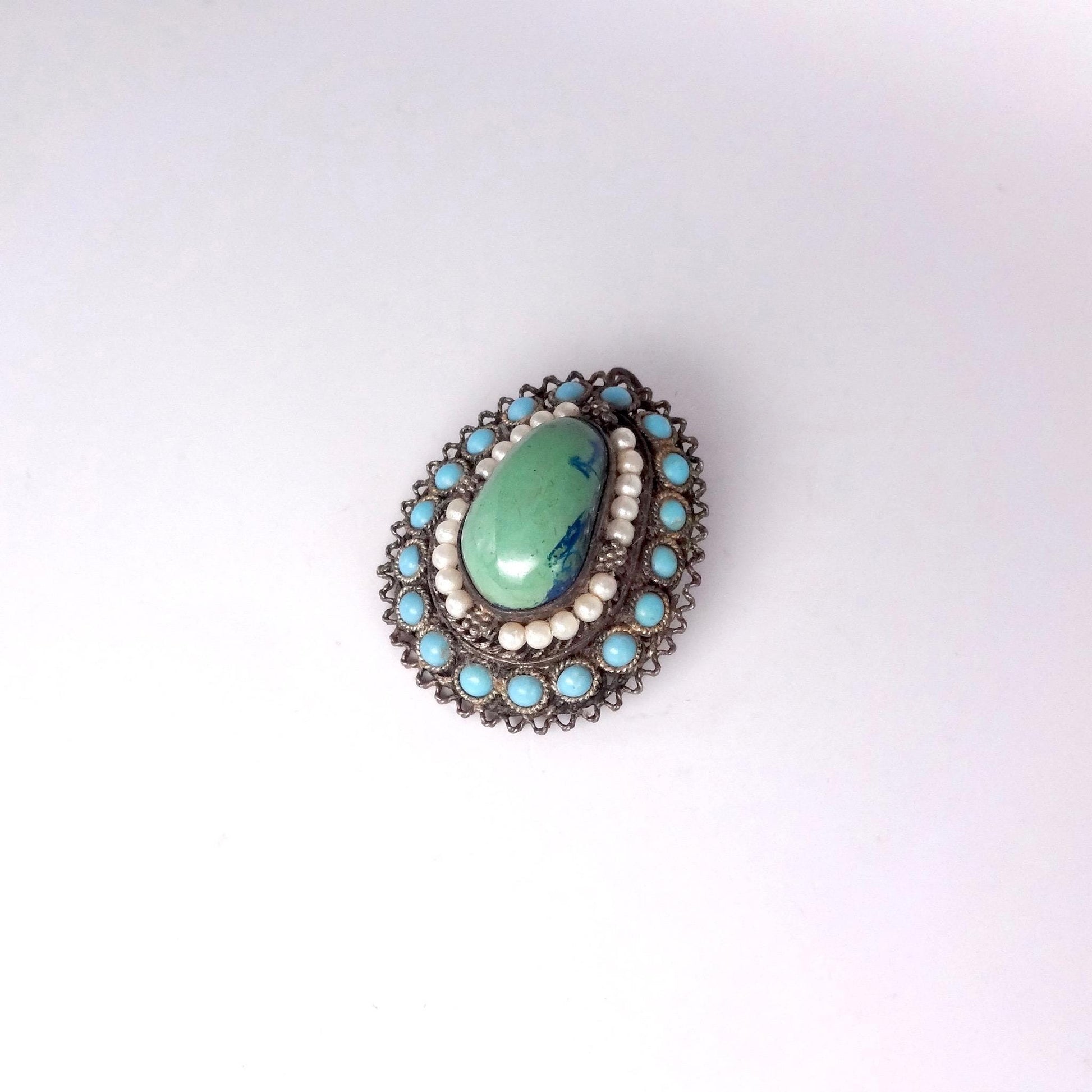 Vintage Austrio Hungarian Turquoise 925 Sterling Silver Brooch Pin Necklace