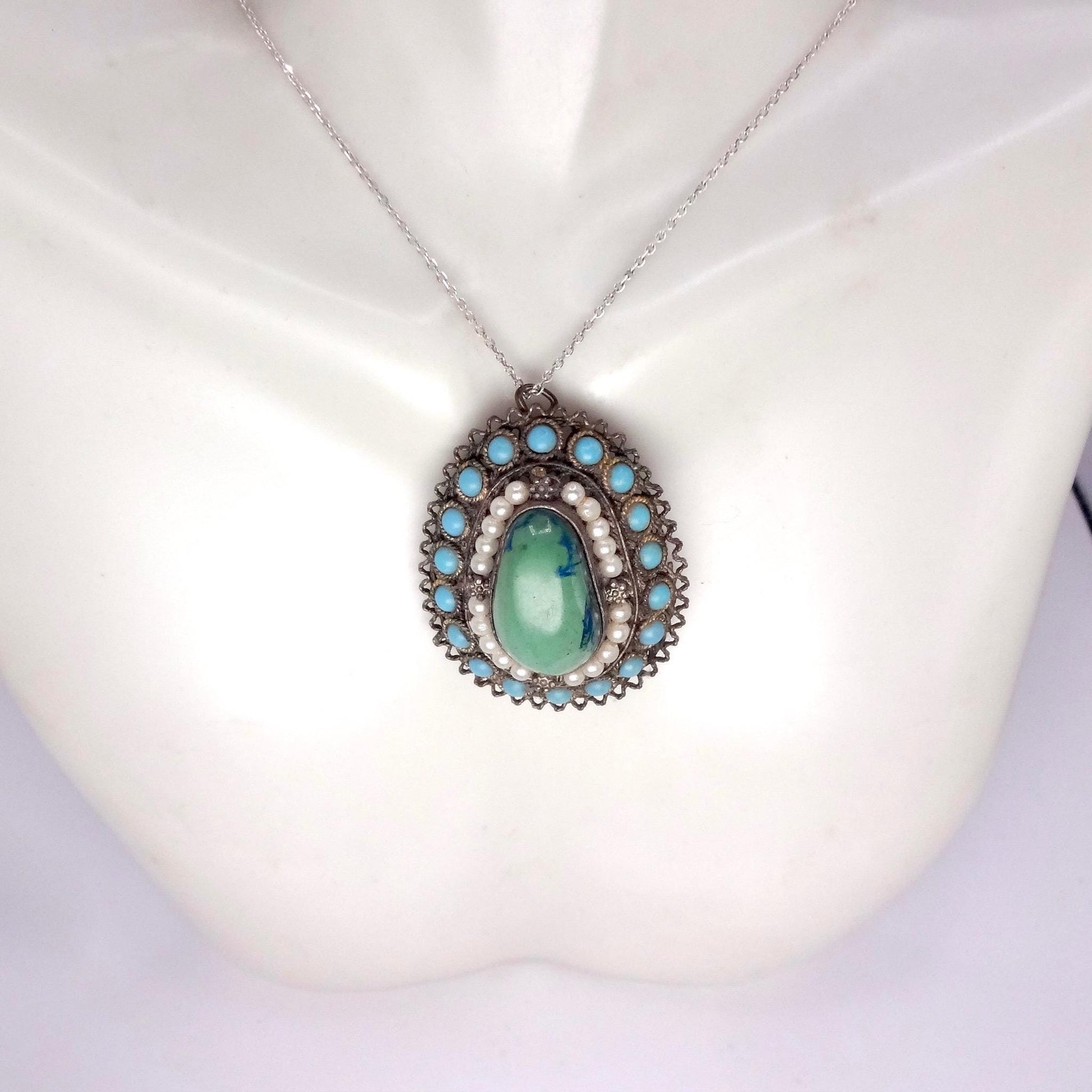 Vintage Austrio Hungarian Turquoise 925 Sterling Silver Brooch Pin Necklace