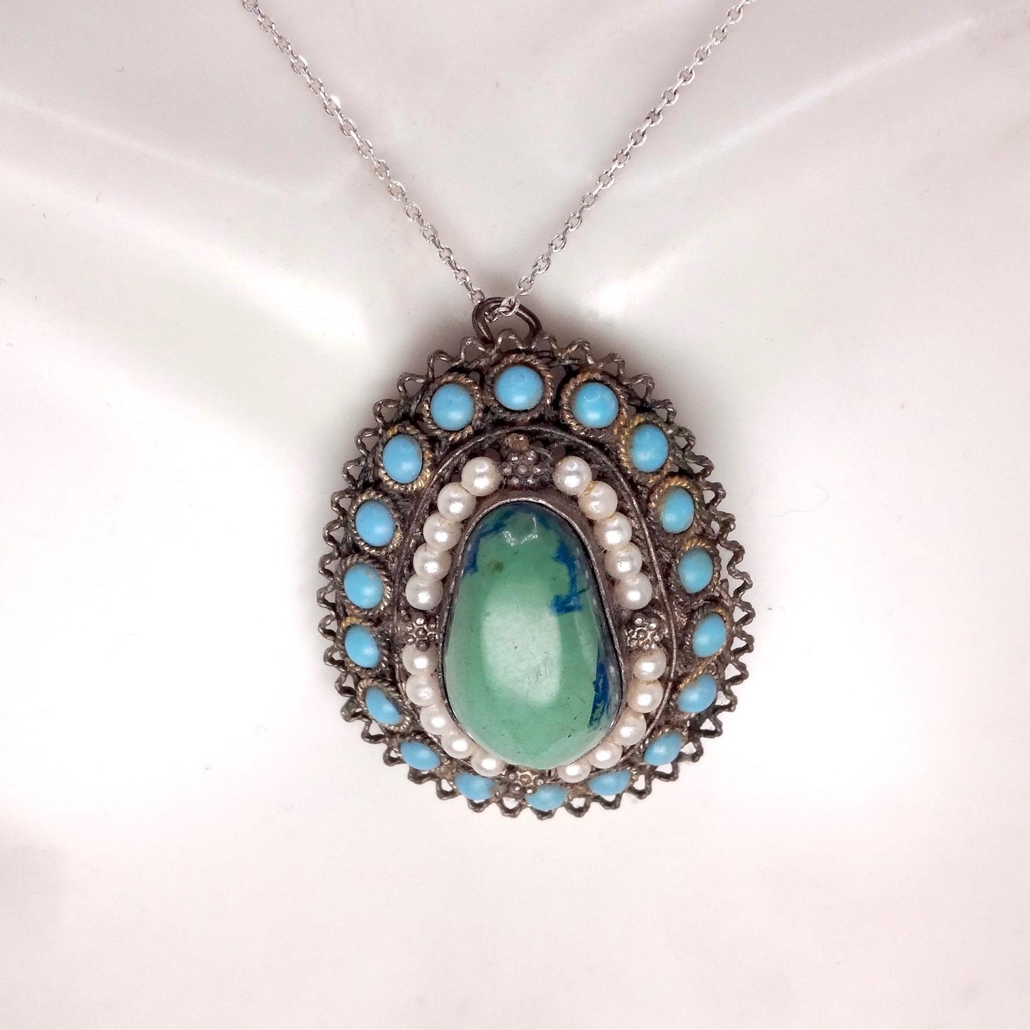 Vintage Austrio Hungarian Turquoise 925 Sterling Silver Brooch Pin Necklace