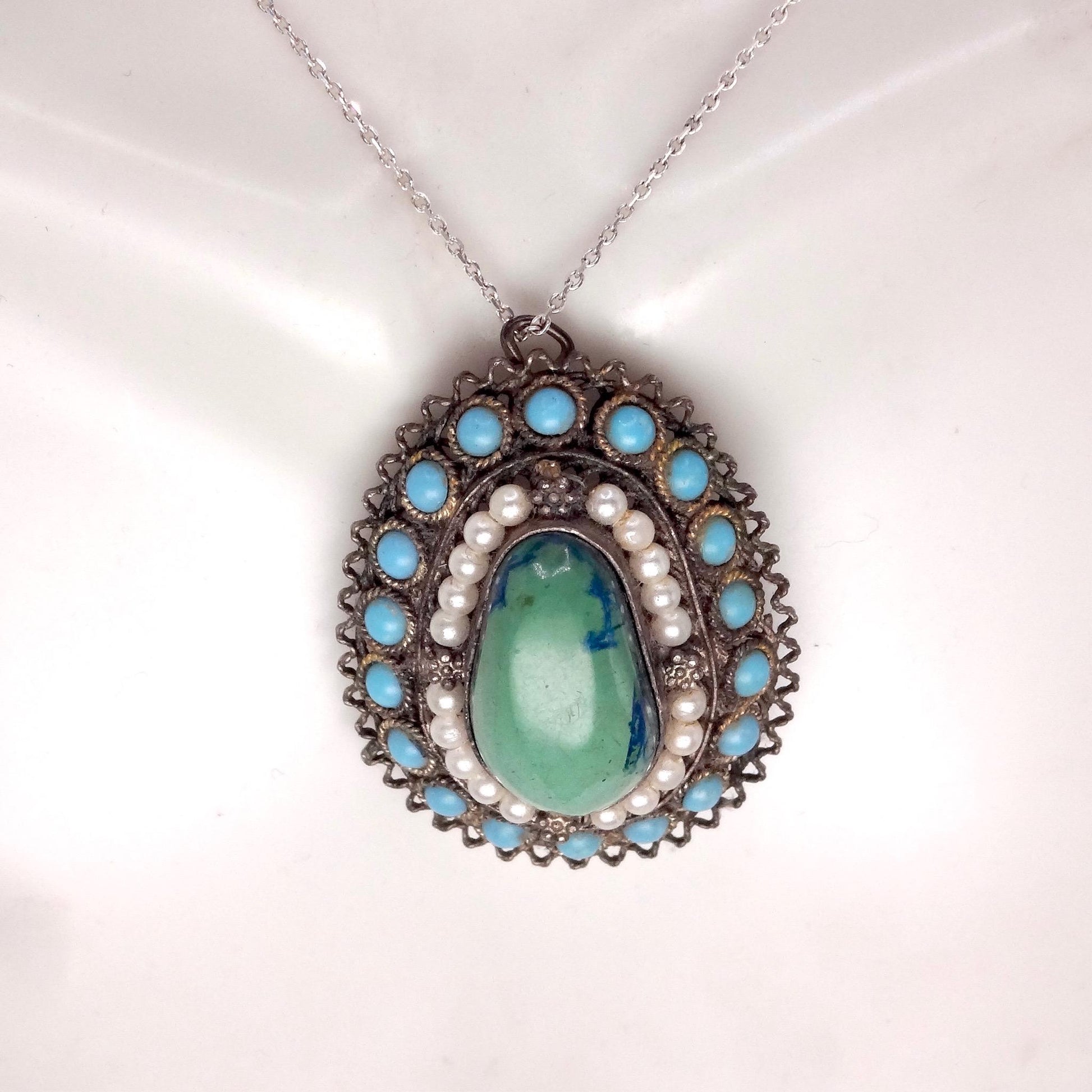 Vintage Austrio Hungarian Turquoise 925 Sterling Silver Brooch Pin Necklace