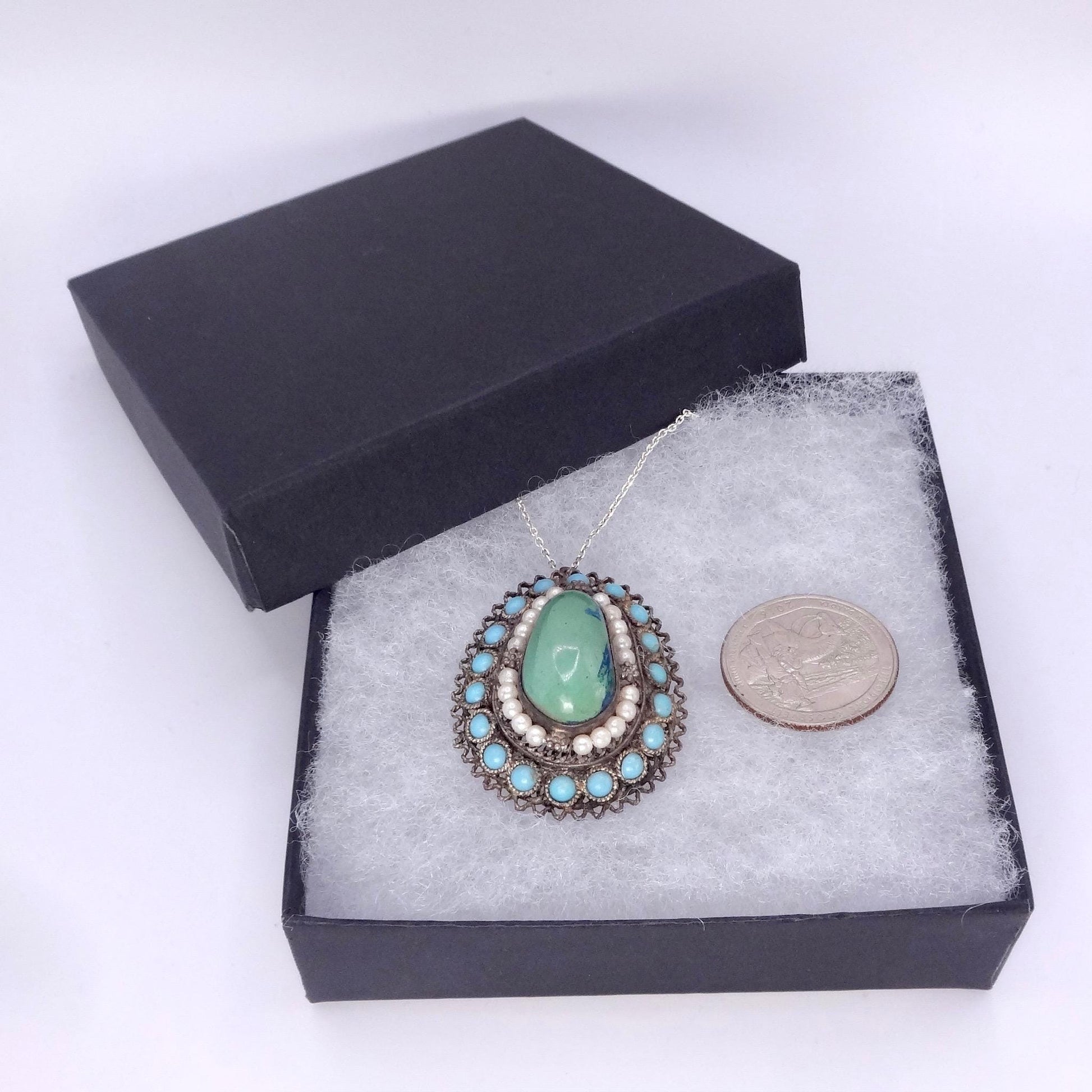 Vintage Austrio Hungarian Turquoise 925 Sterling Silver Brooch Pin Necklace