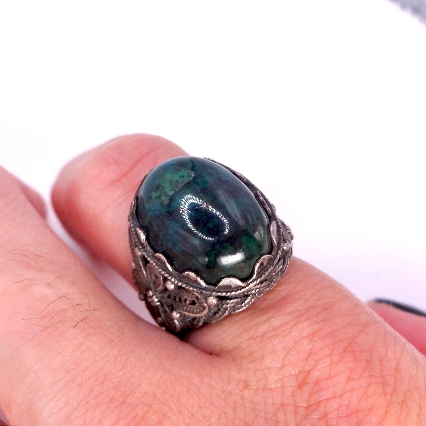 Vintage Green Stone of Eilat 925 Sterling Silver Statement Ring Adjustable