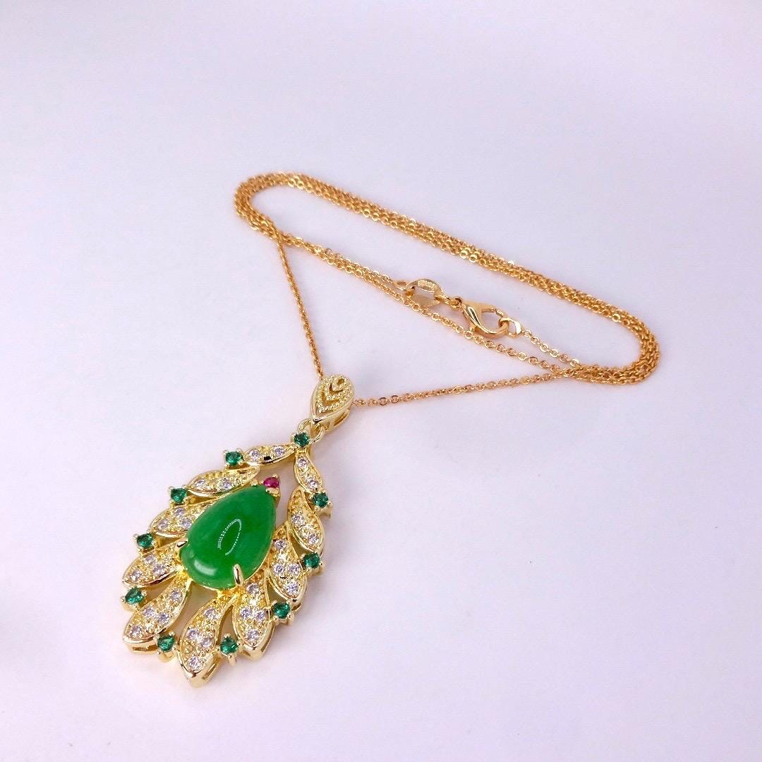 Vintage Green Jade Yellow Golden Filled Lucky Necklace