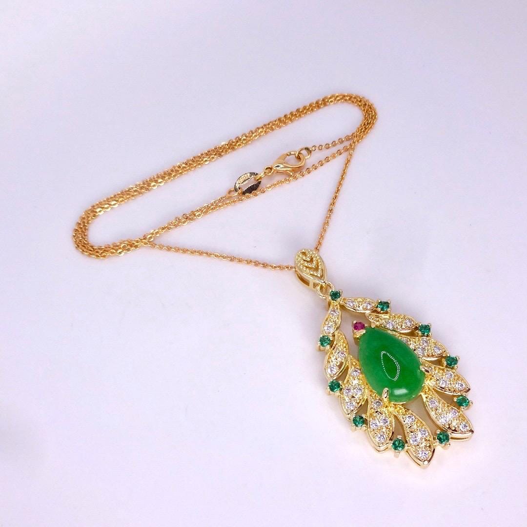 Vintage Green Jade Yellow Golden Filled Lucky Necklace