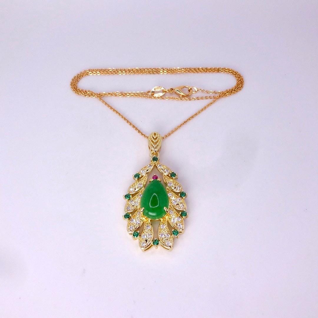 Vintage Green Jade Yellow Golden Filled Lucky Necklace