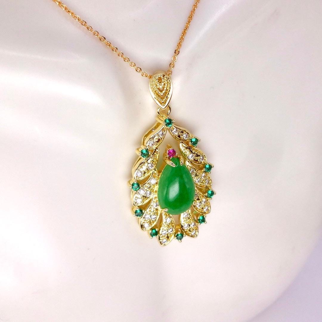 Vintage Green Jade Yellow Golden Filled Lucky Necklace