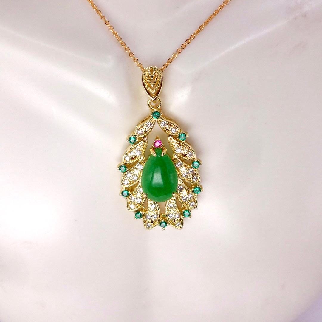 Vintage Green Jade Yellow Golden Filled Lucky Necklace