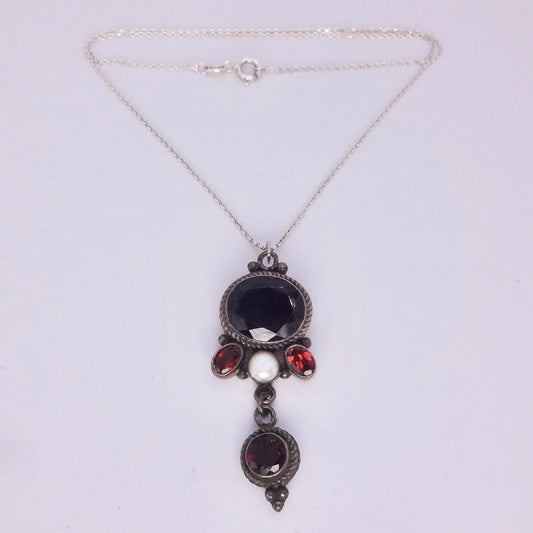 Vintage 925 Sterling Silver Red Garnet Antique Pendant Necklace Choker