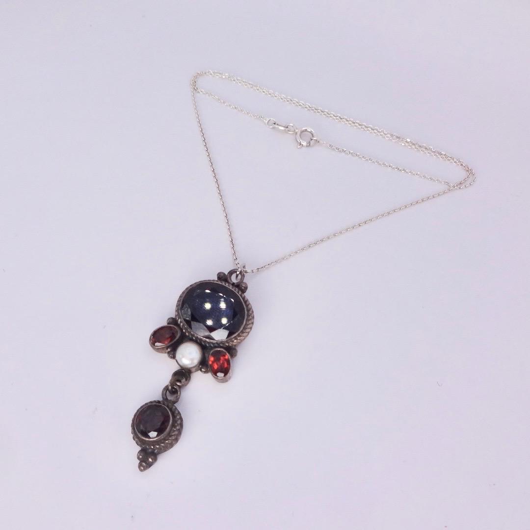 Vintage 925 Sterling Silver Red Garnet Antique Pendant Necklace Choker