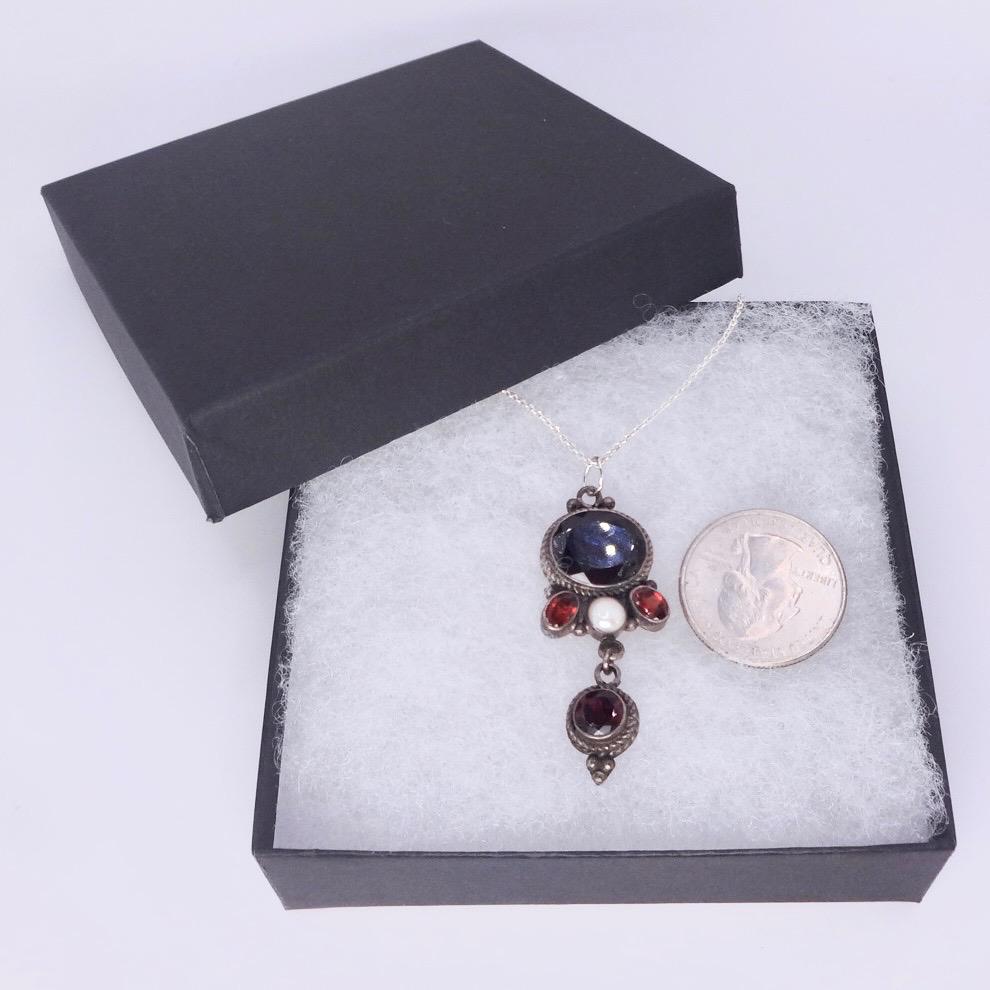 Vintage 925 Sterling Silver Red Garnet Antique Pendant Necklace Choker