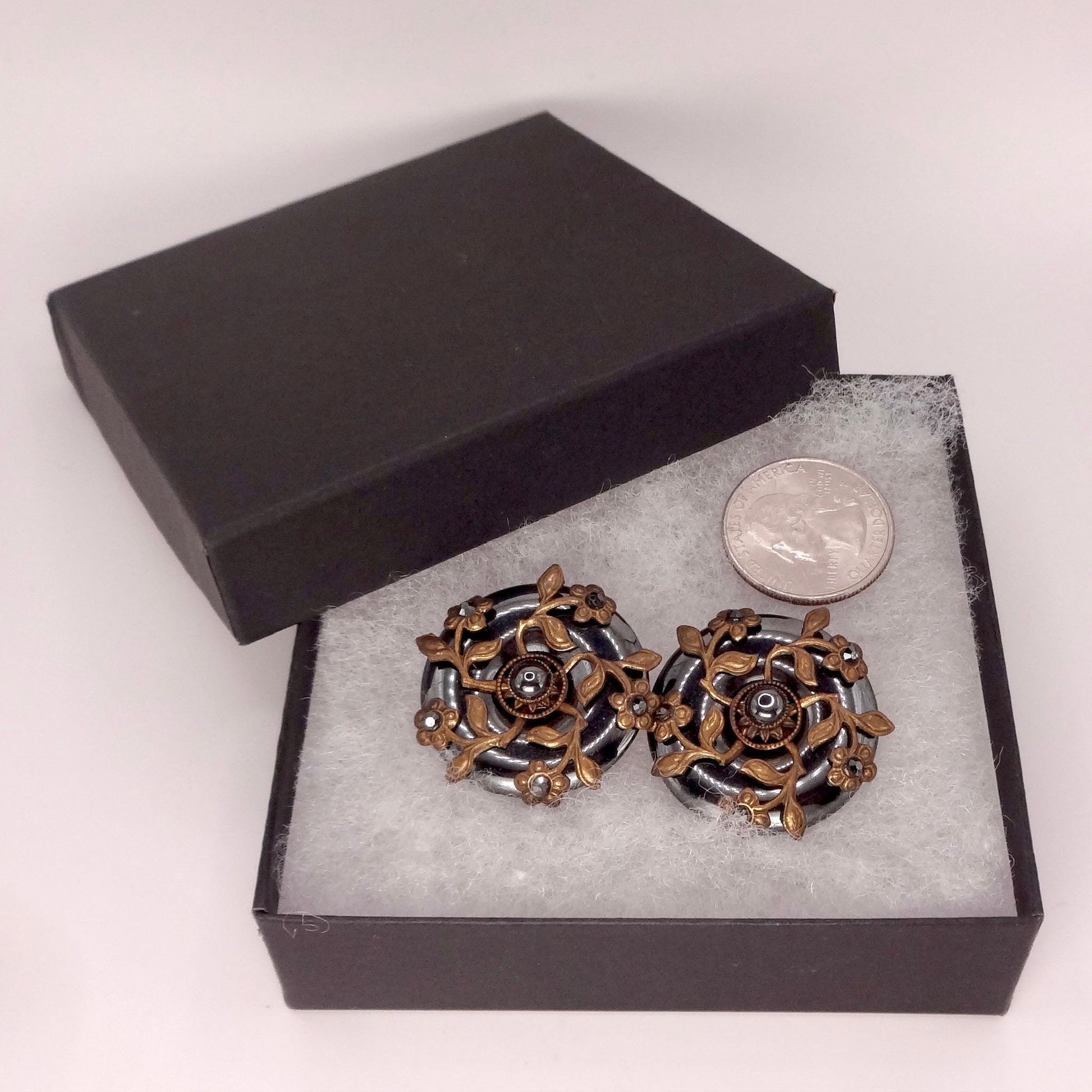 Vintage Hemetite Earrings in Golden Bronze Clip-On