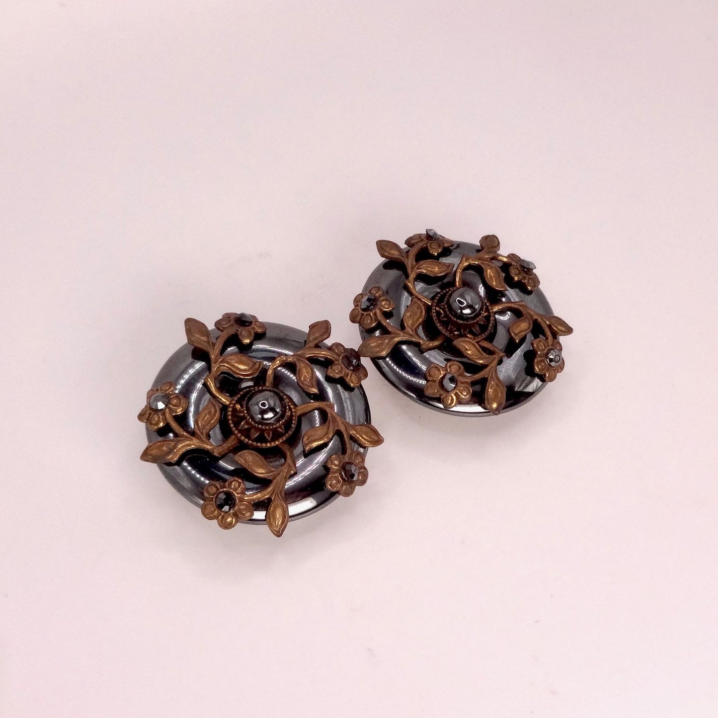 Vintage Hemetite Earrings in Golden Bronze Clip-On