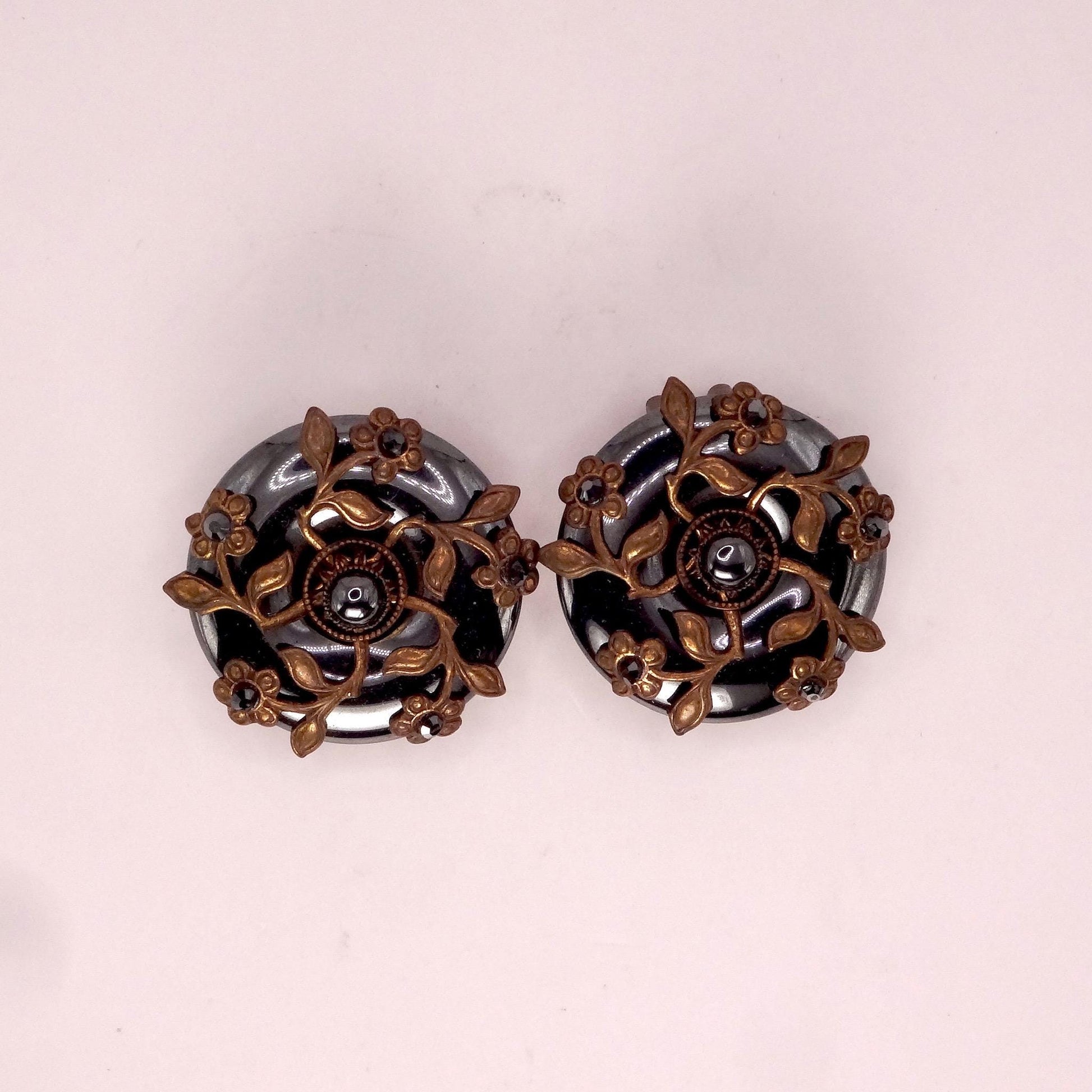 Vintage Hemetite Earrings in Golden Bronze Clip-On