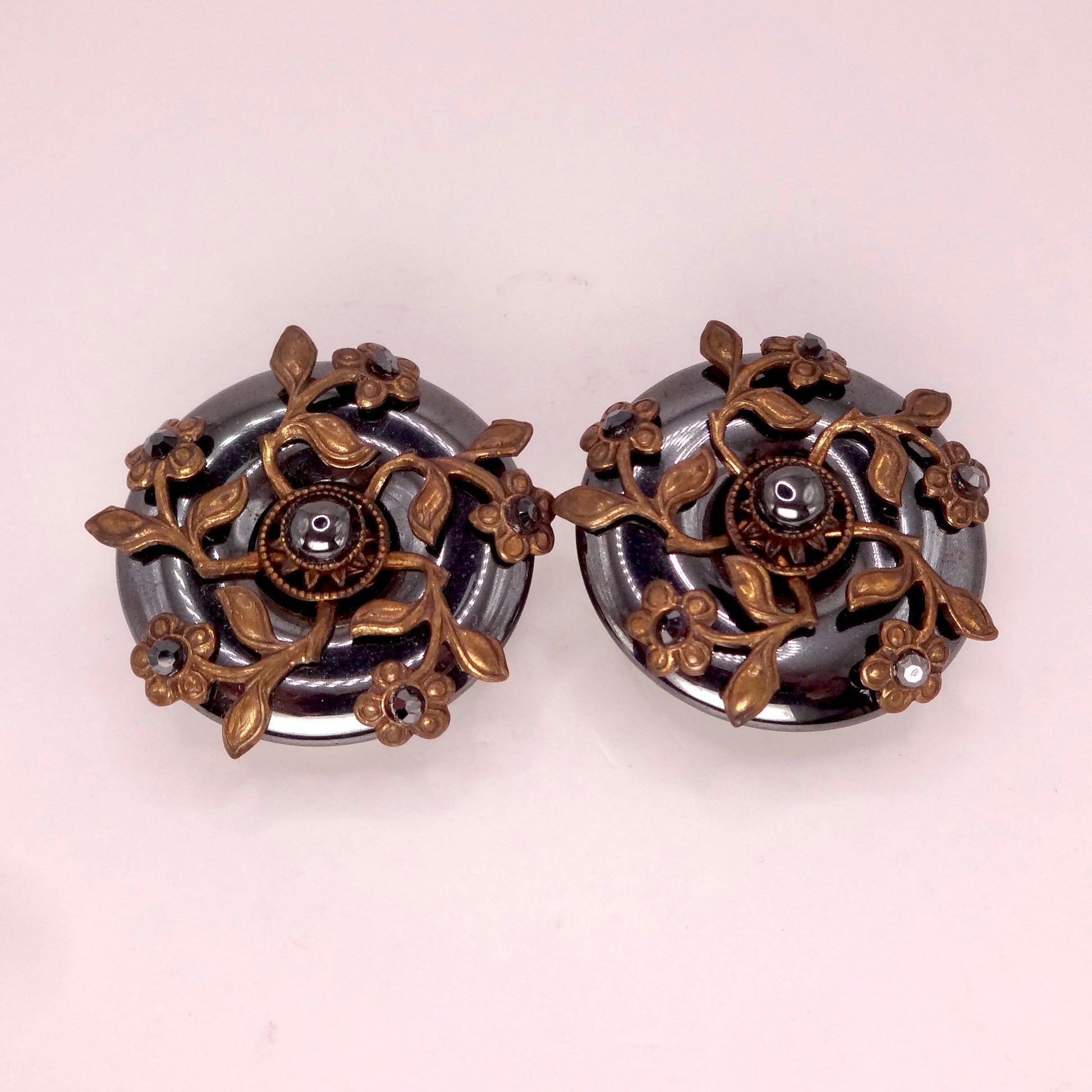 Vintage Hemetite Earrings in Golden Bronze Clip-On