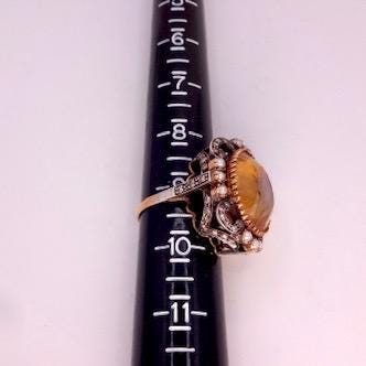 Vintage Golden Citrine White Pearl and Diamond Gold 925 Sterling Silver Ring