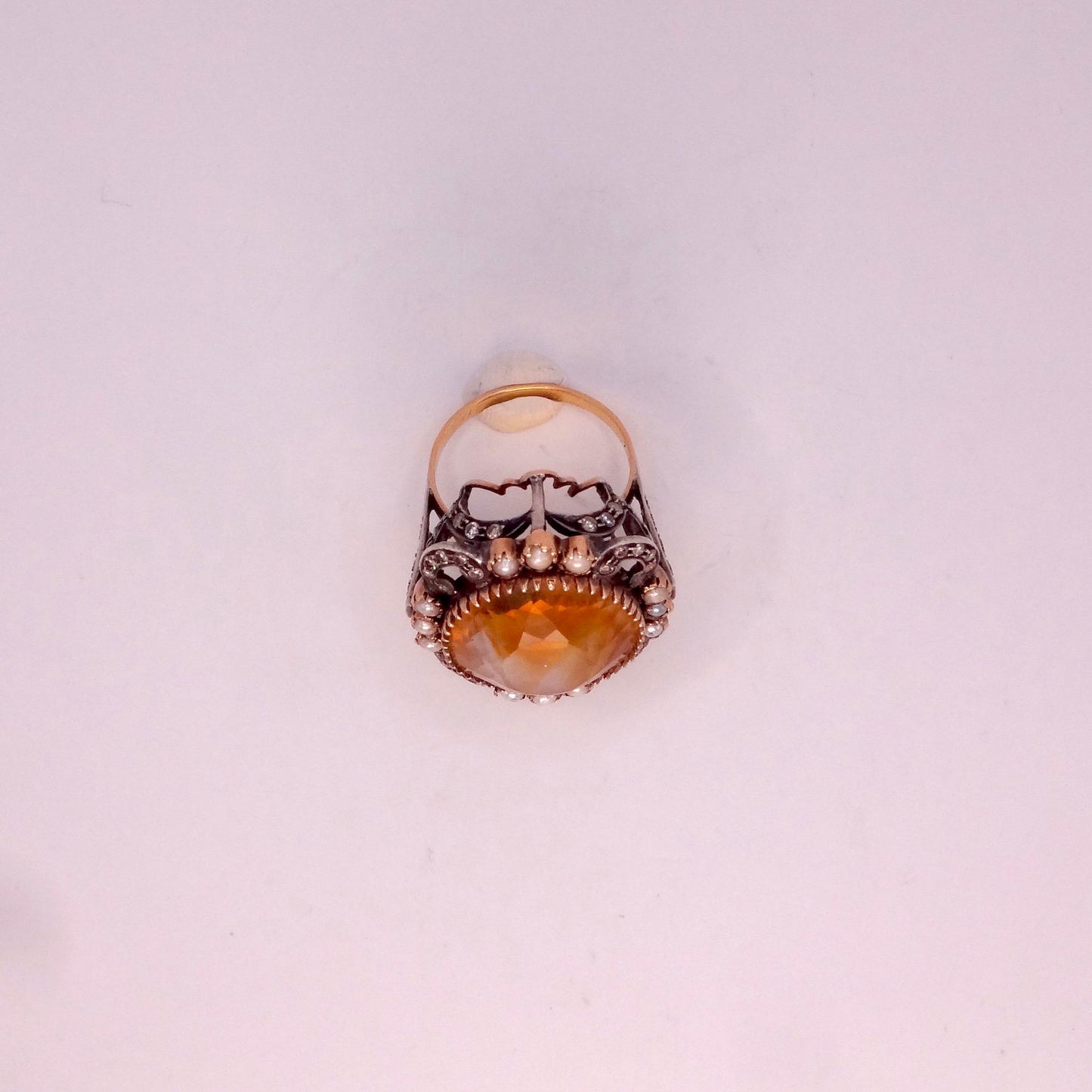 Vintage Golden Citrine White Pearl and Diamond Gold 925 Sterling Silver Ring