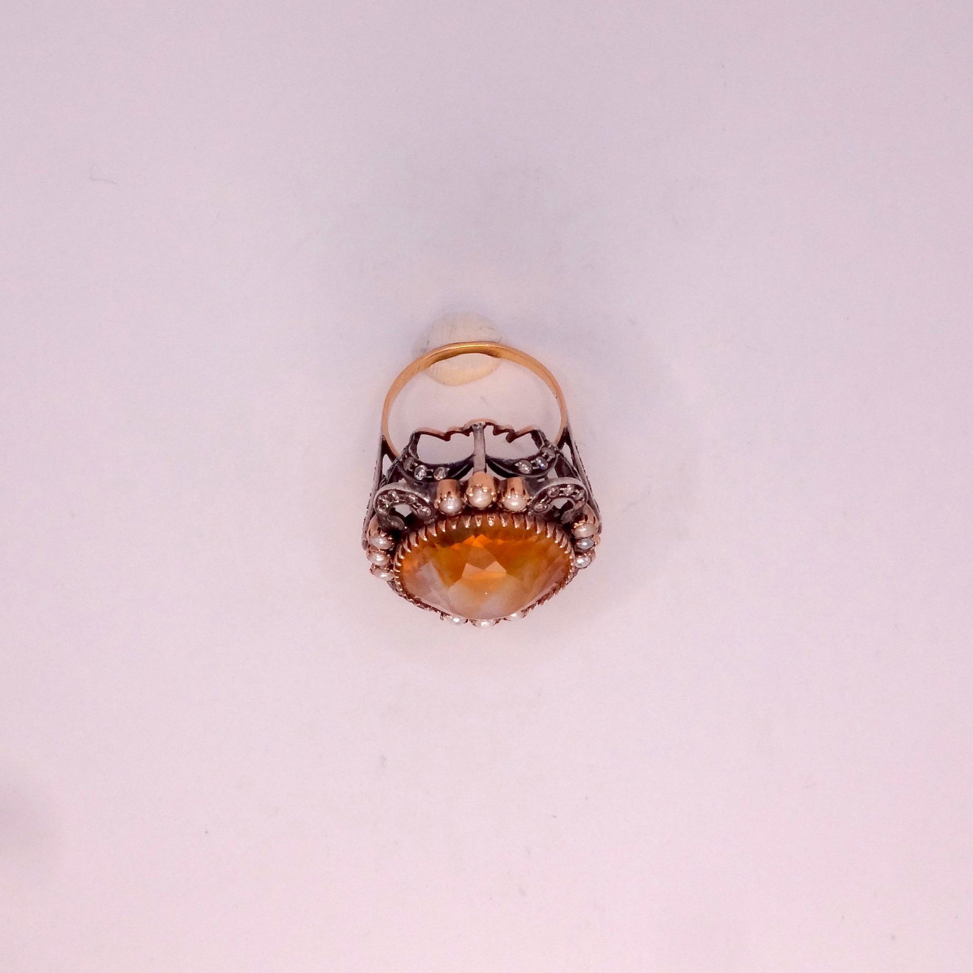 Vintage Golden Citrine White Pearl and Diamond Gold 925 Sterling Silver Ring