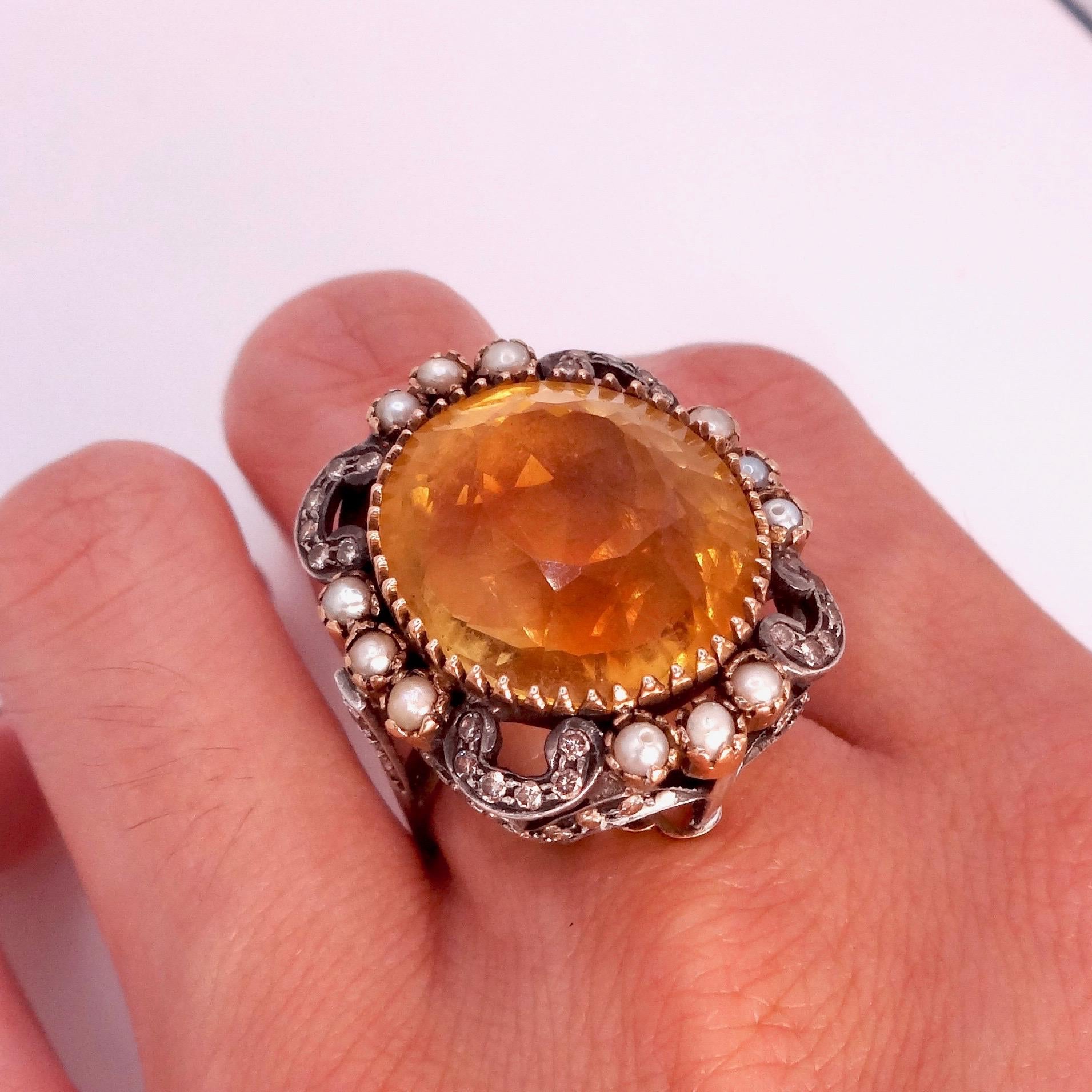 Vintage Golden Citrine White Pearl and Diamond Gold 925 Sterling Silver Ring