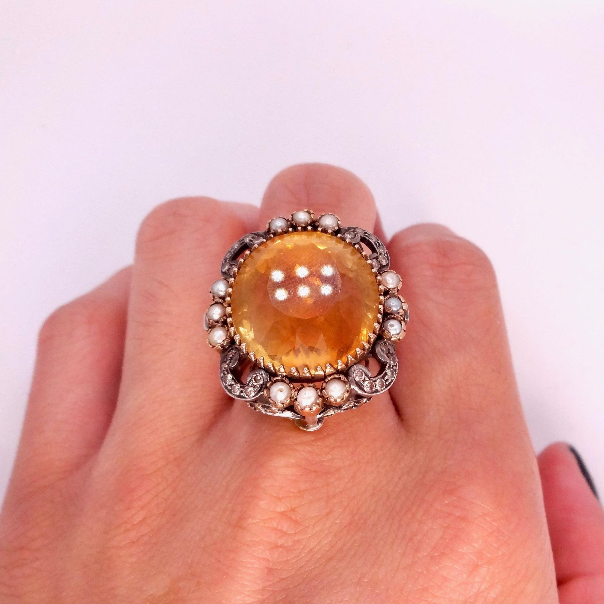 Vintage Golden Citrine White Pearl and Diamond Gold 925 Sterling Silver Ring