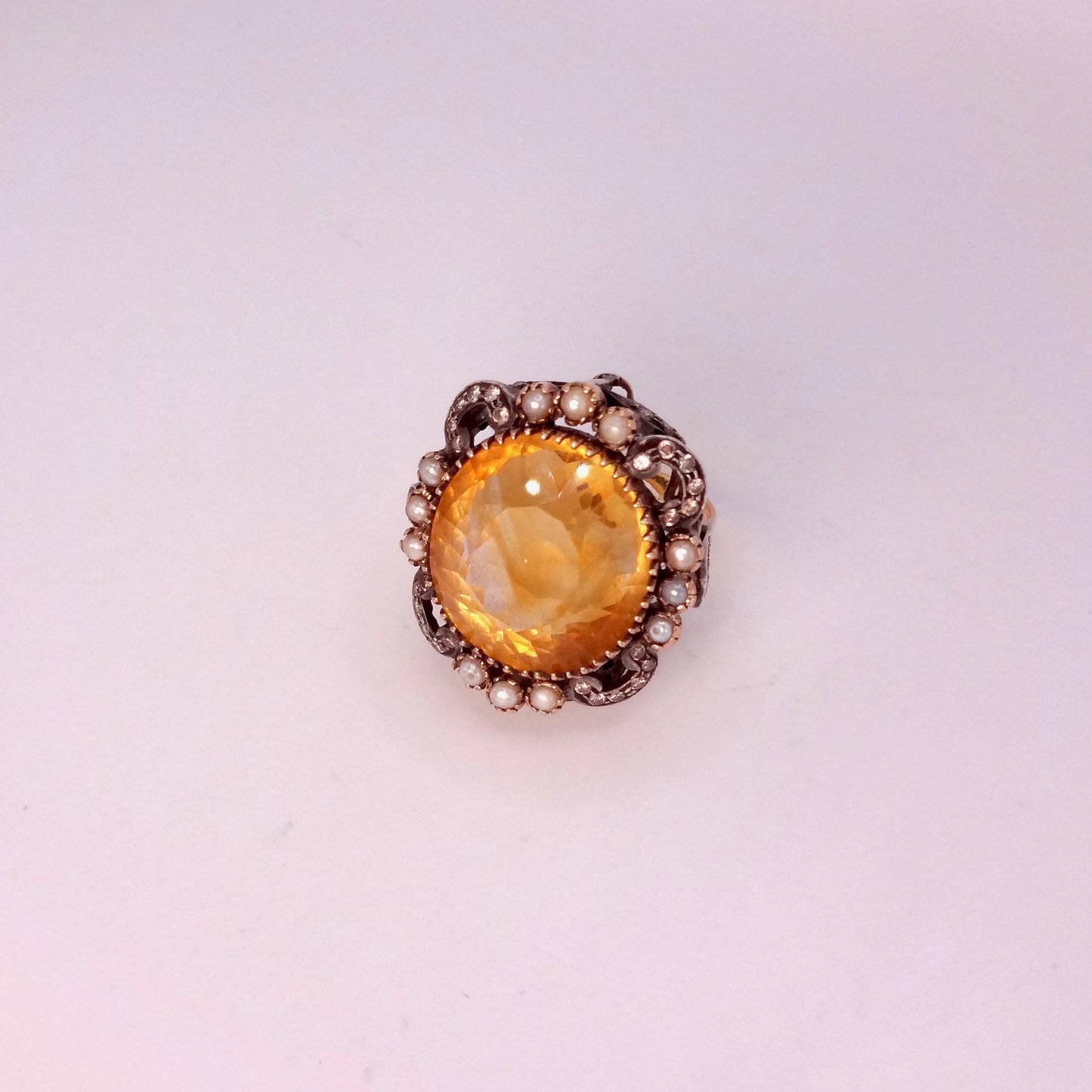 Vintage Golden Citrine White Pearl and Diamond Gold 925 Sterling Silver Ring