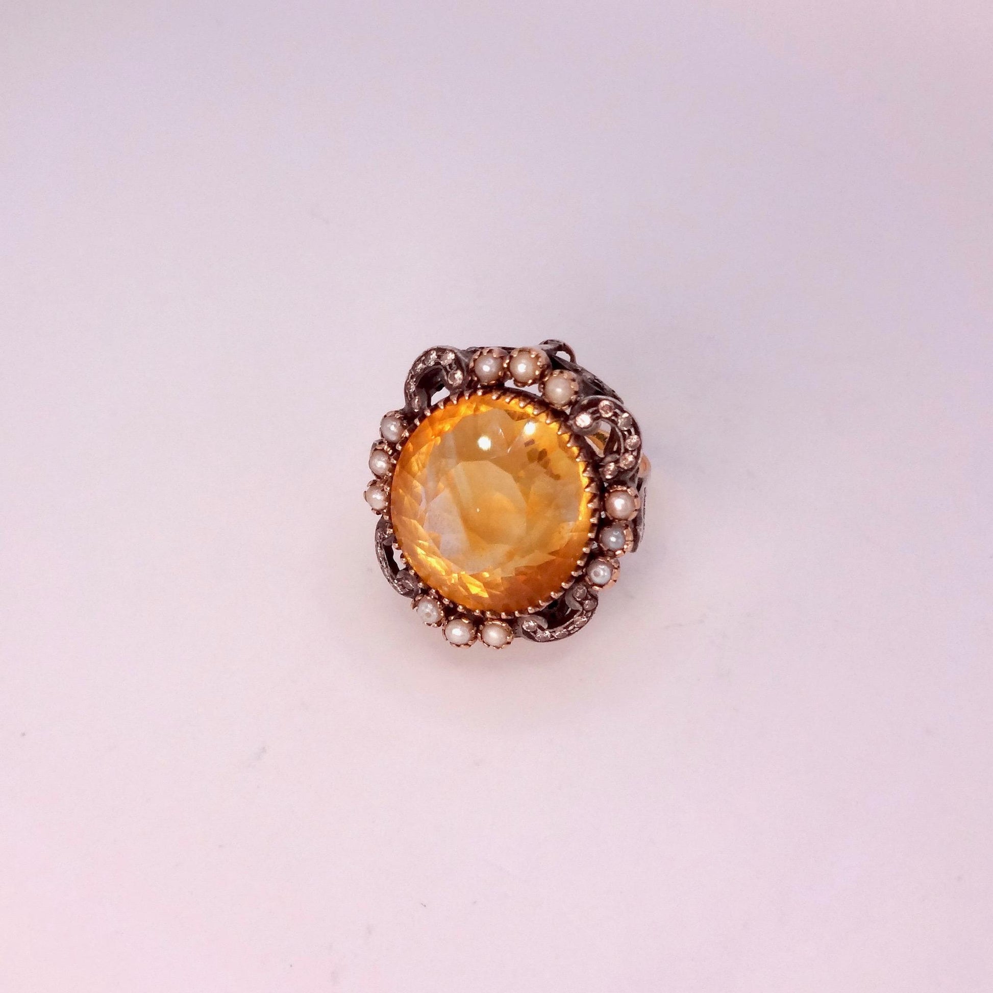 Vintage Golden Citrine White Pearl and Diamond Gold 925 Sterling Silver Ring