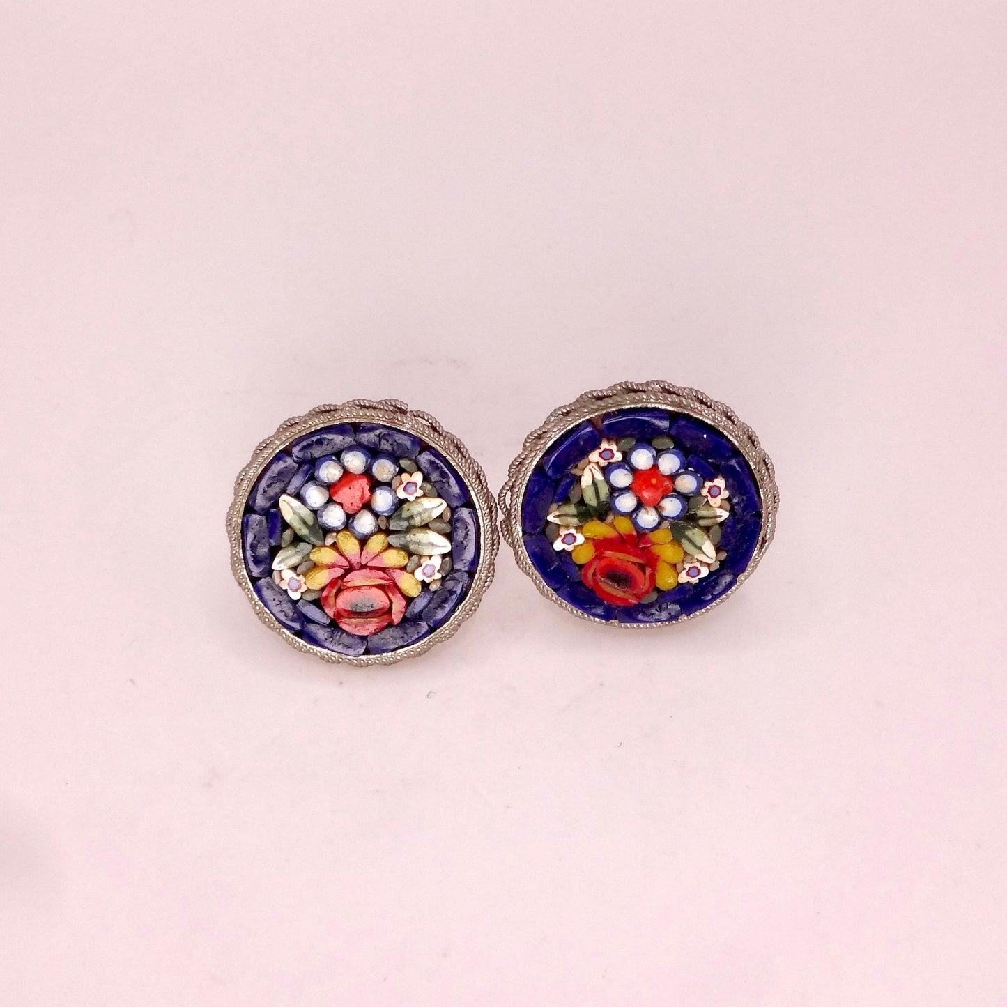 Vintage Blue Mosaic Flower Golden filled Screw Back Earrings