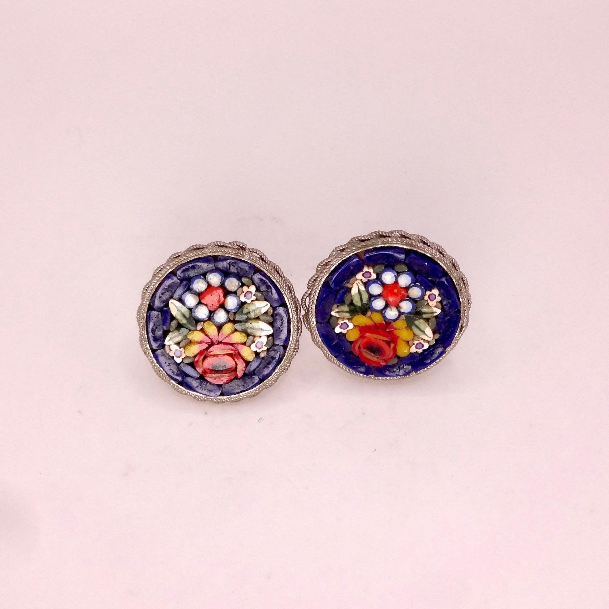 Vintage Blue Mosaic Flower Golden filled Screw Back Earrings