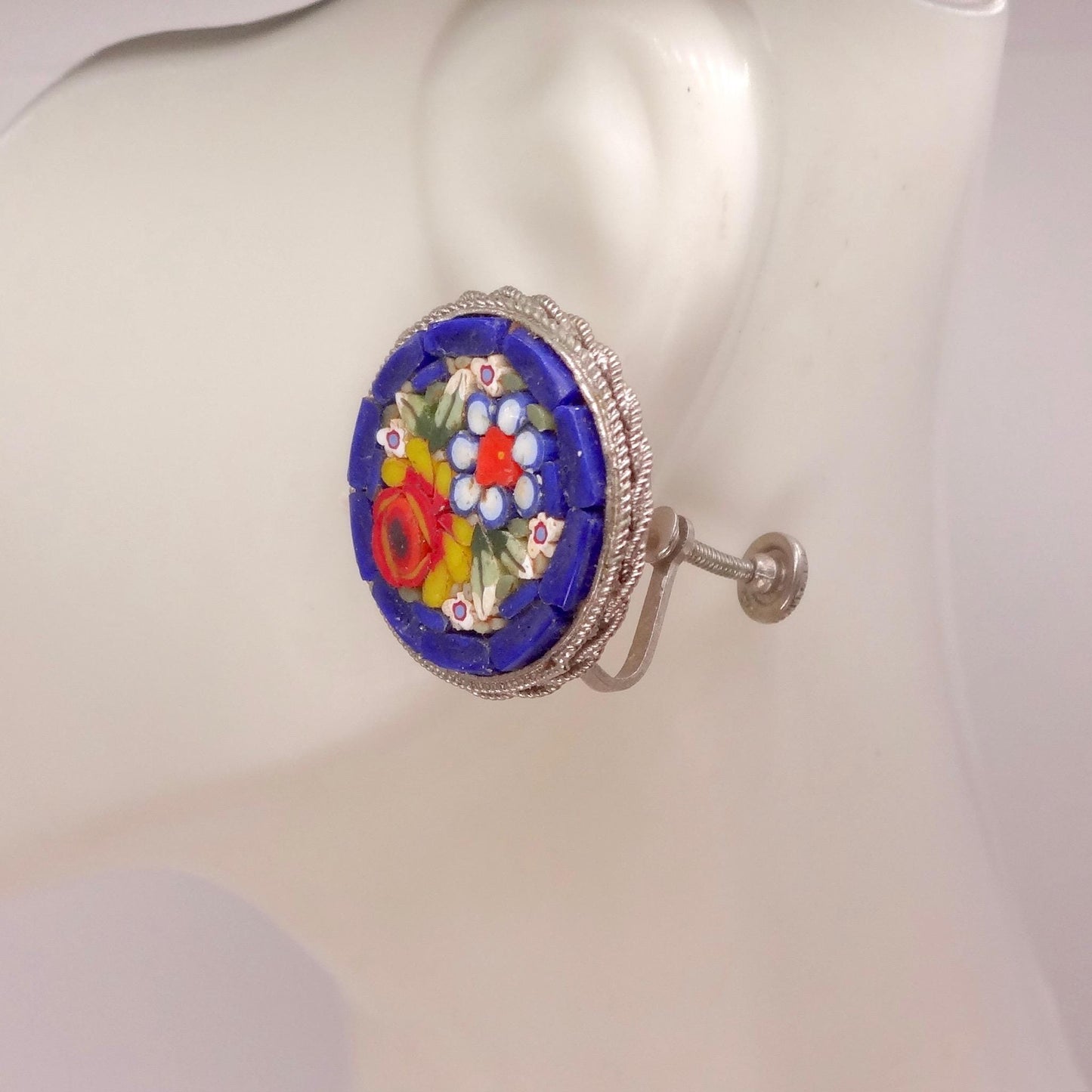 Vintage Blue Mosaic Flower Golden filled Screw Back Earrings