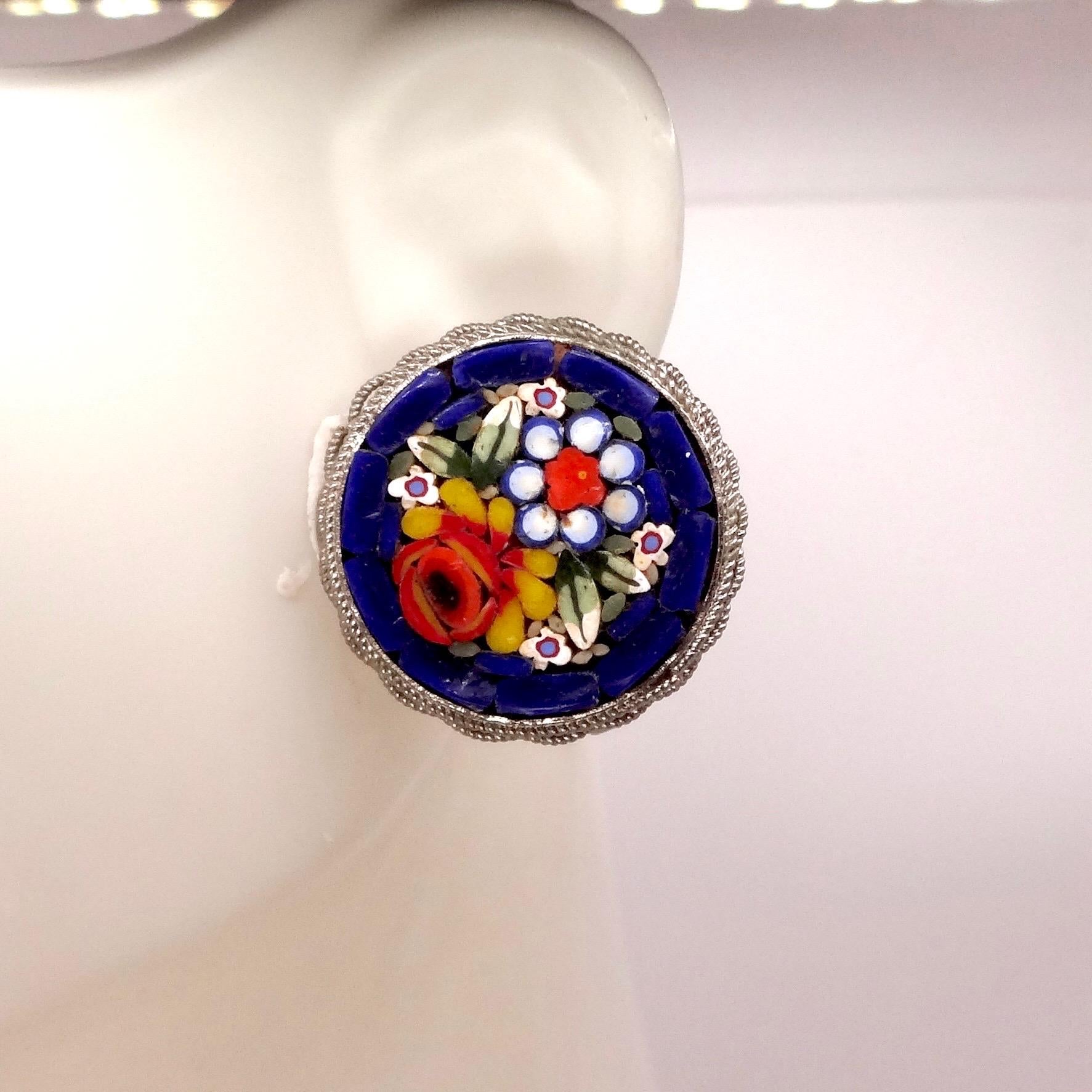 Vintage Blue Mosaic Flower Golden filled Screw Back Earrings