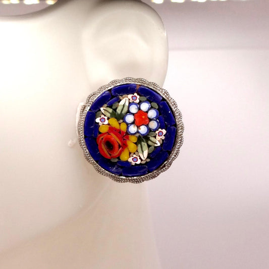 Vintage Blue Mosaic Flower Golden filled Screw Back Earrings