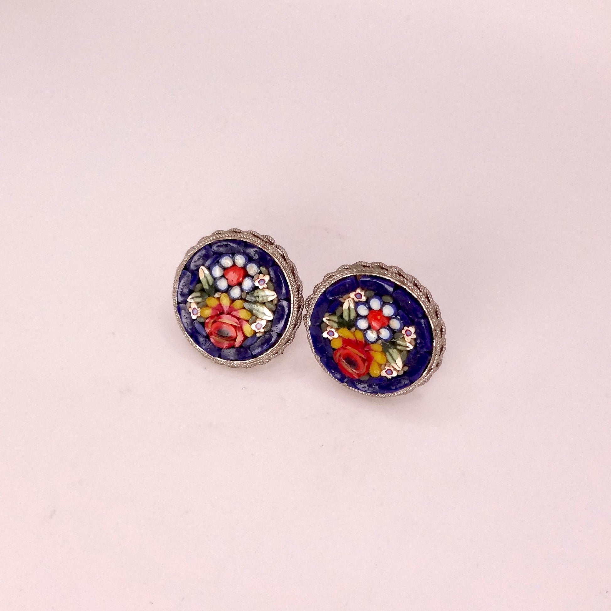 Vintage Blue Mosaic Flower Golden filled Screw Back Earrings
