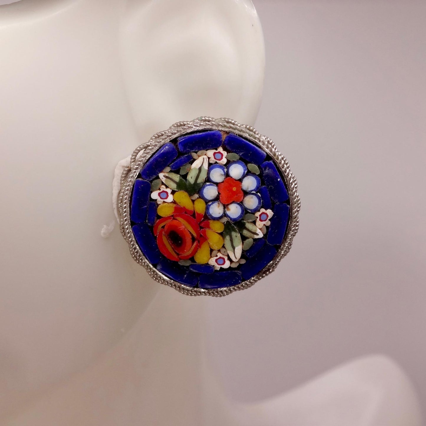 Vintage Blue Mosaic Flower Golden filled Screw Back Earrings