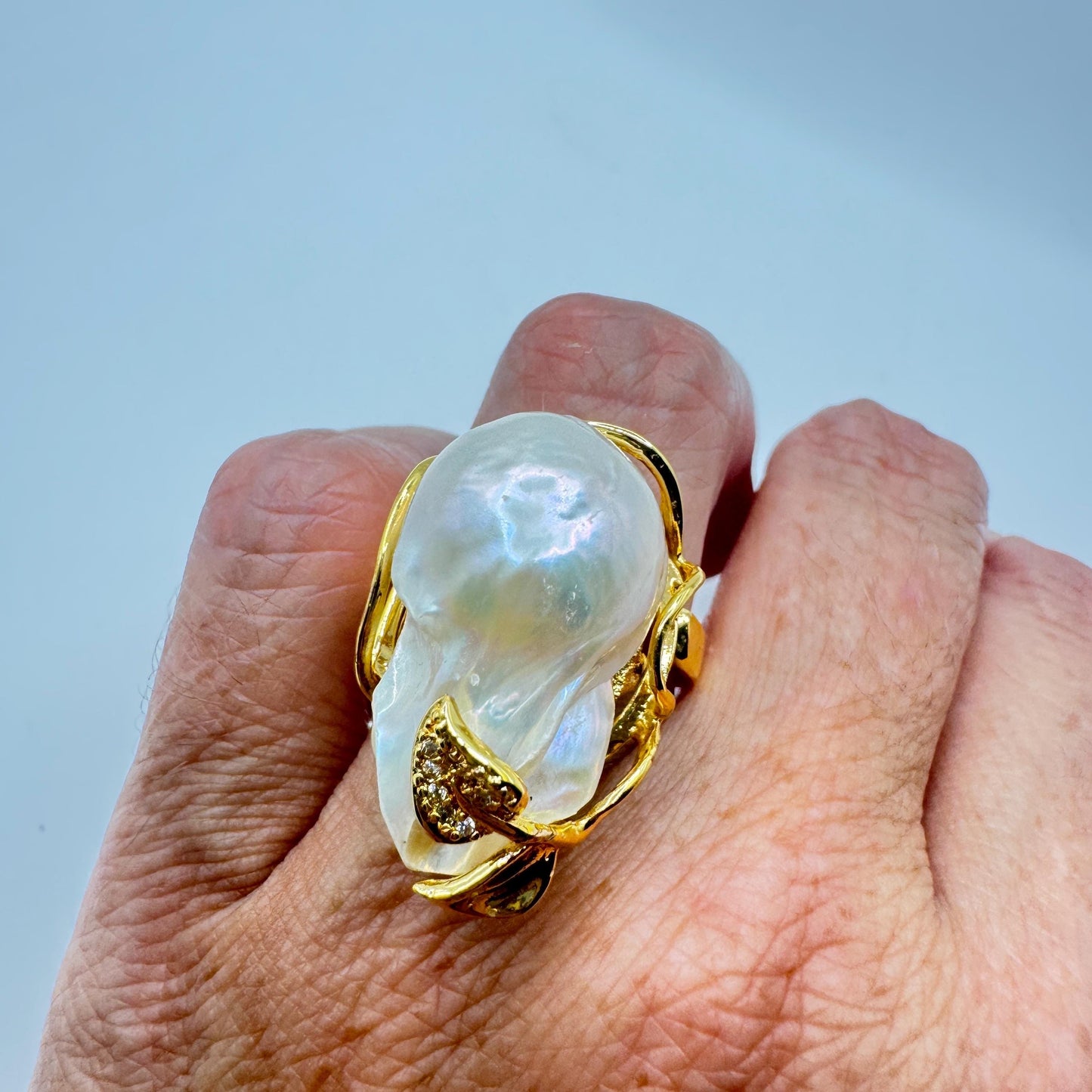 Vintage Biwa Pearl Ring Golden 925 Sterling Silver Cocktail Statement Adjustable