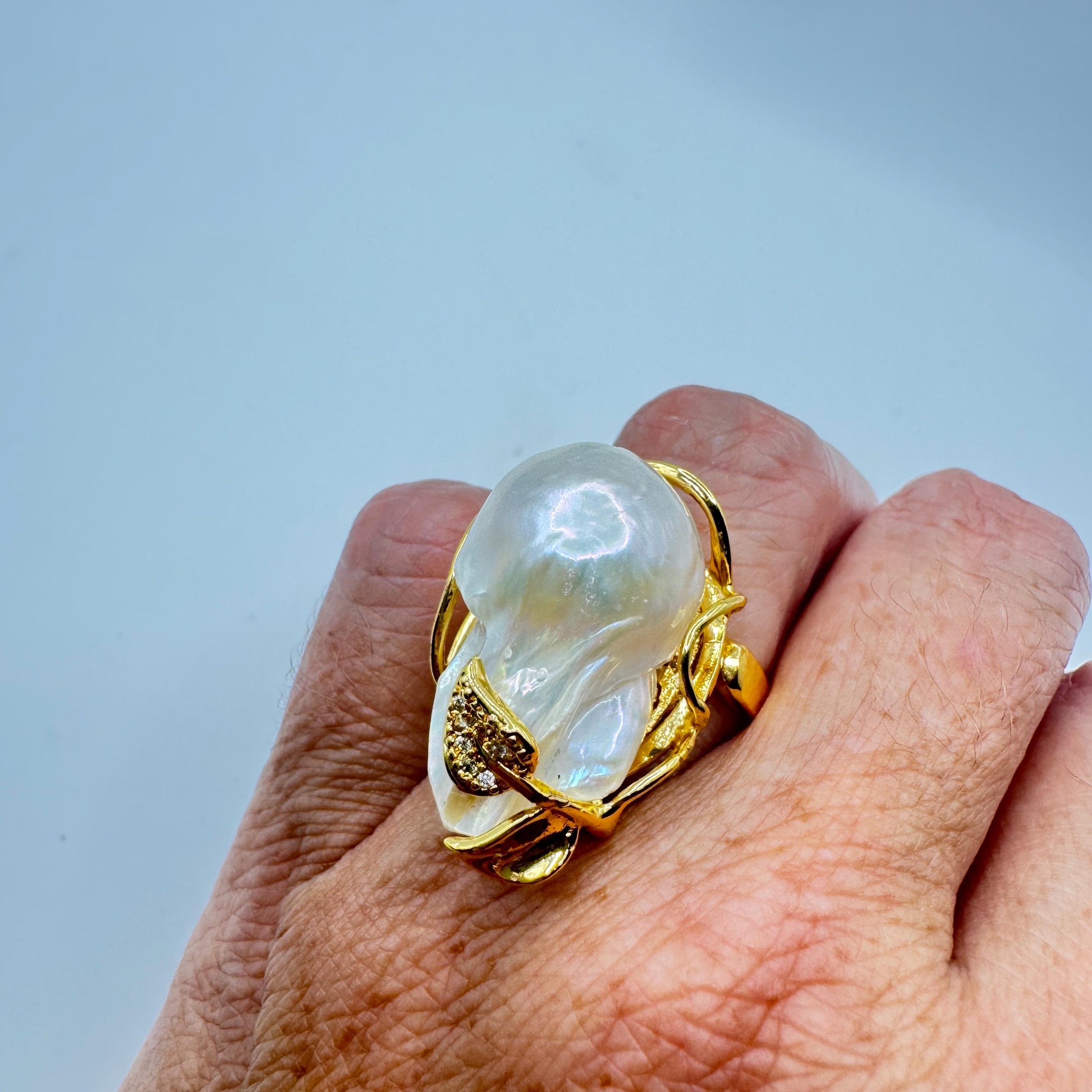 Vintage Biwa Pearl Ring Golden 925 Sterling Silver Cocktail Statement Adjustable