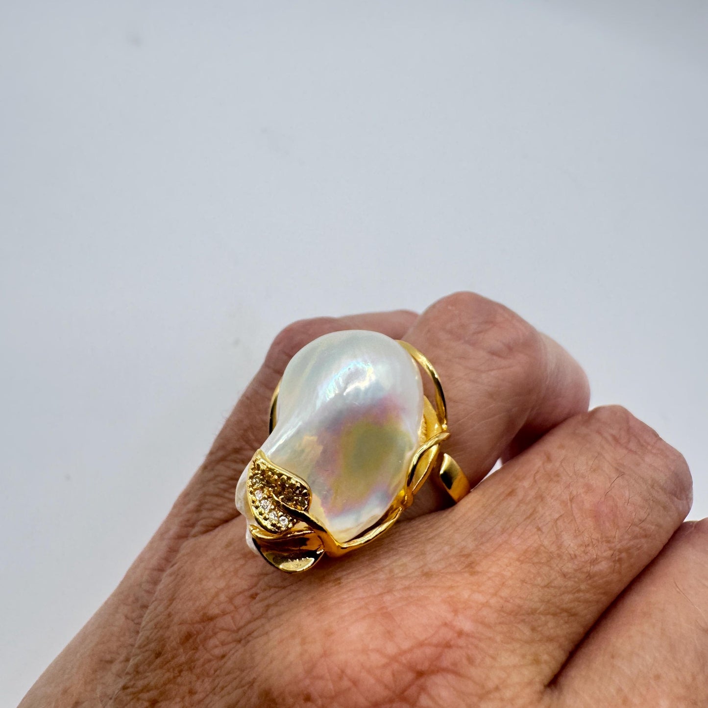 Vintage Biwa Pearl Ring Golden 925 Sterling Silver Cocktail Statement Adjustable