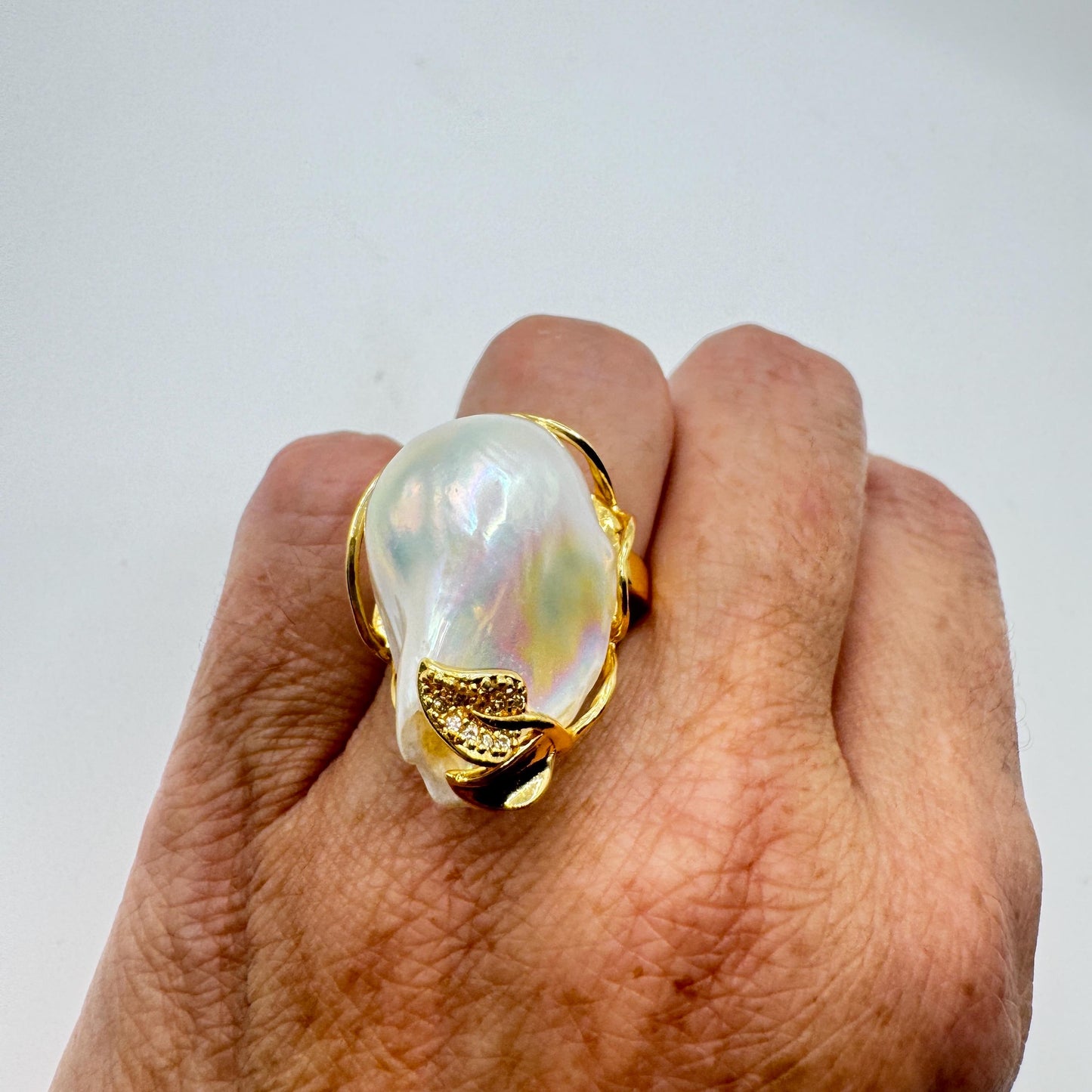 Vintage Biwa Pearl Ring Golden 925 Sterling Silver Cocktail Statement Adjustable