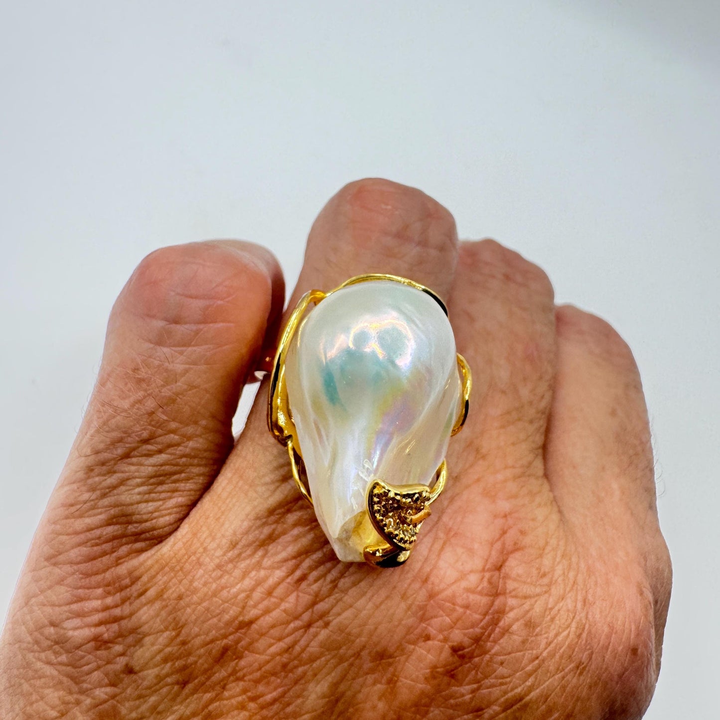 Vintage Biwa Pearl Ring Golden 925 Sterling Silver Cocktail Statement Adjustable
