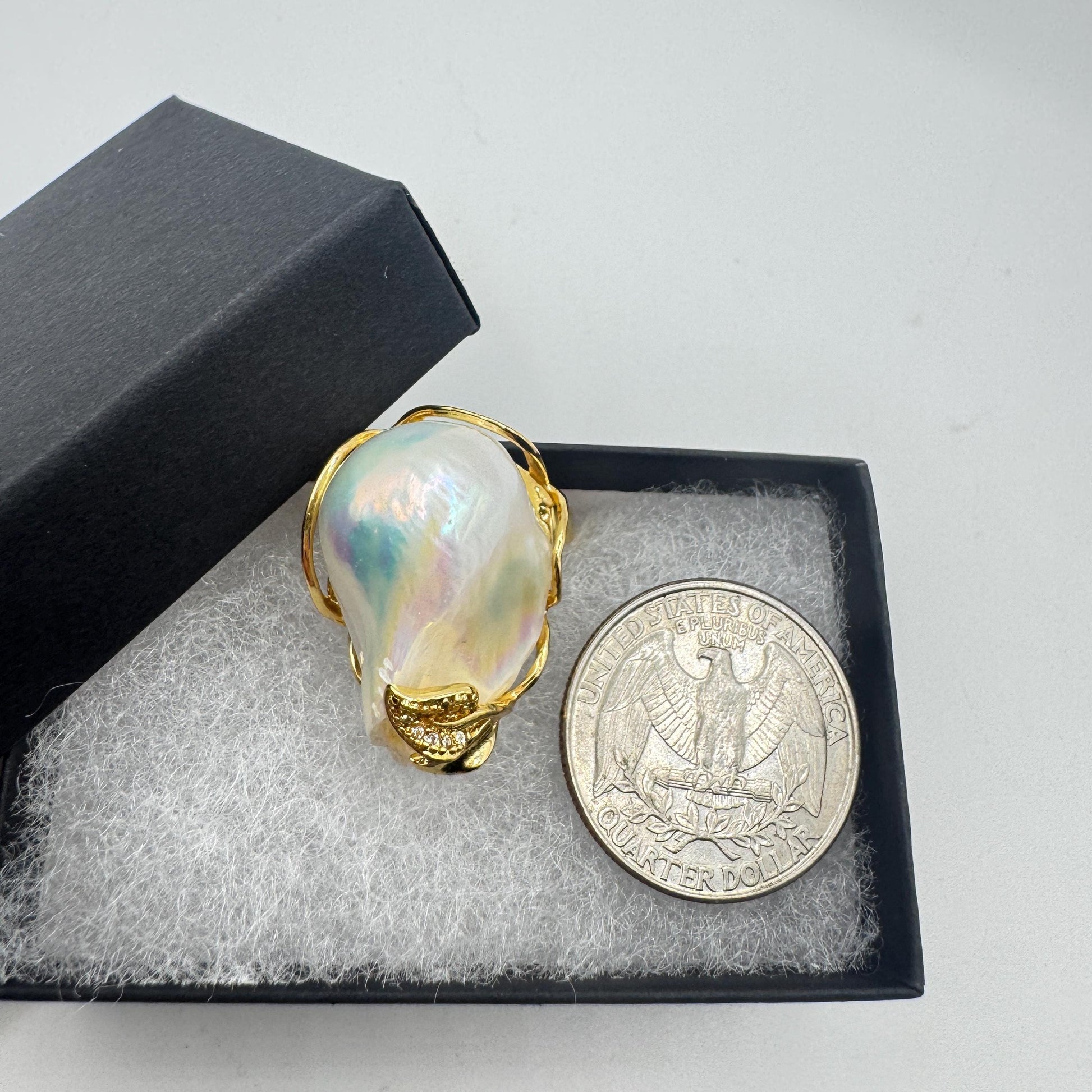 Vintage Biwa Pearl Ring Golden 925 Sterling Silver Cocktail Statement Adjustable