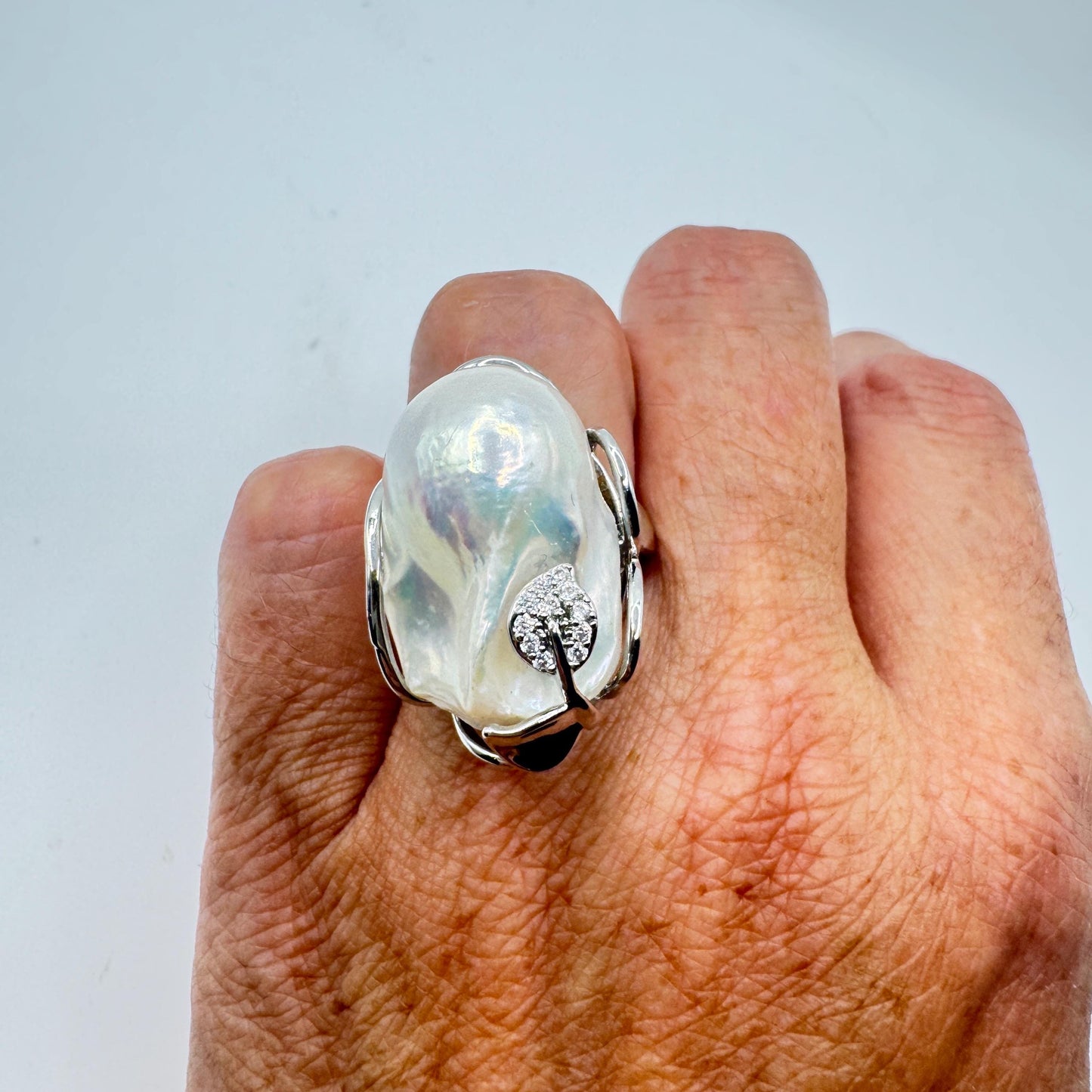Vintage Biwa Pearl Ring 925 Sterling Silver Cocktail Statement Adjustable