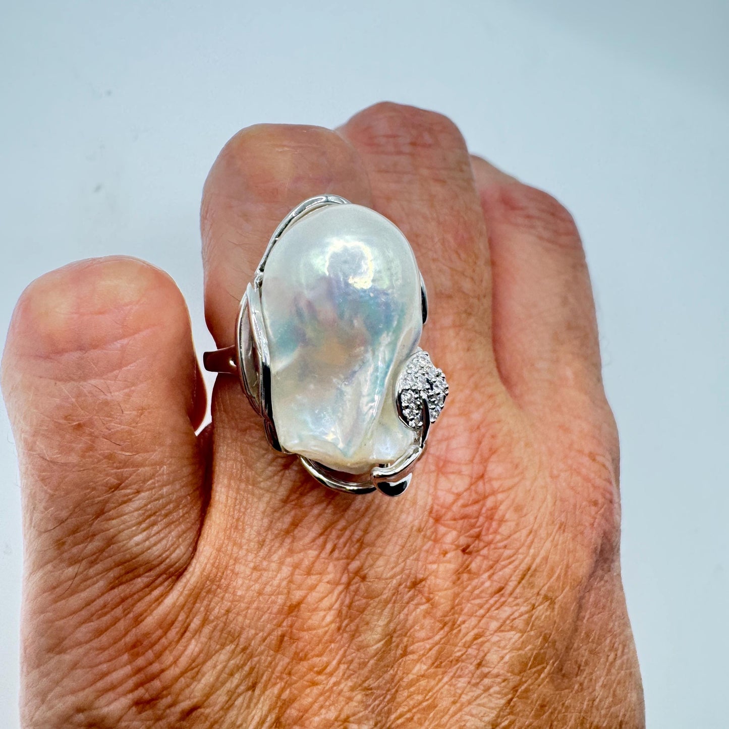 Vintage Biwa Pearl Ring 925 Sterling Silver Cocktail Statement Adjustable