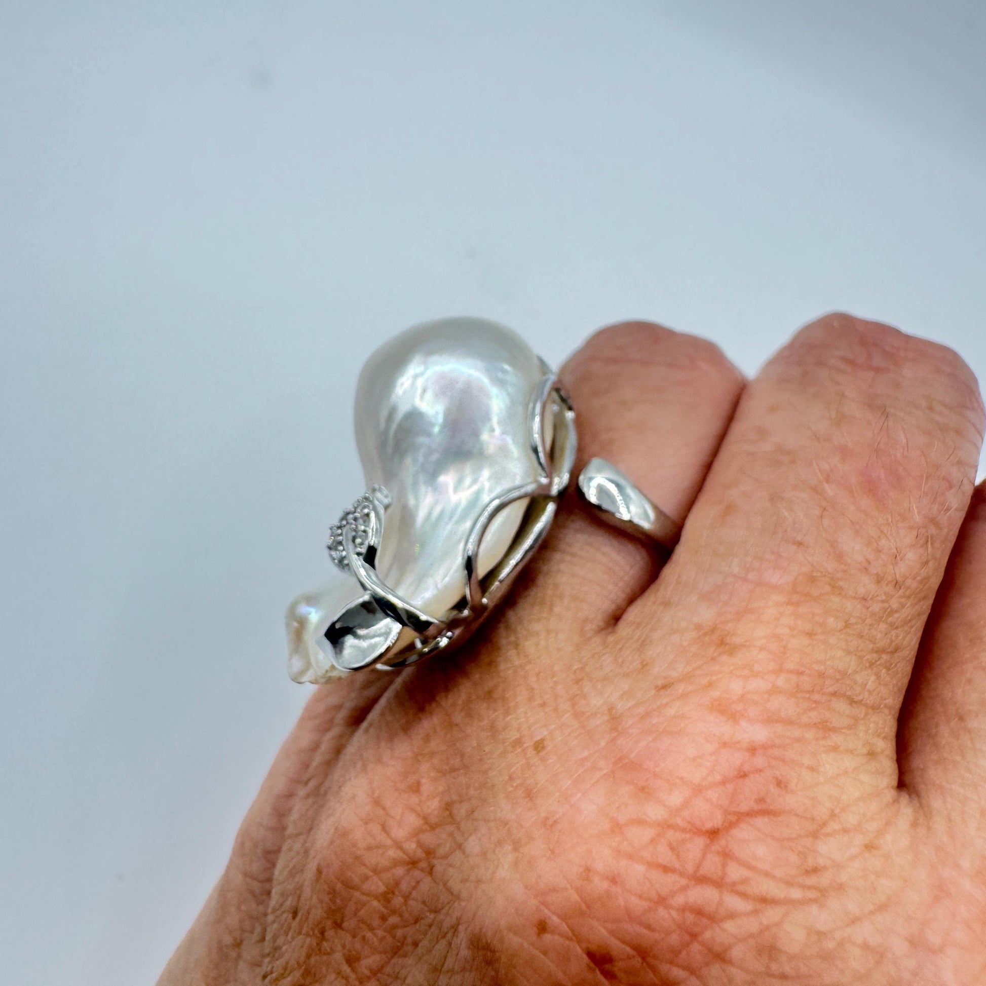 Vintage Biwa Pearl Ring 925 Sterling Silver Cocktail Statement Adjustable