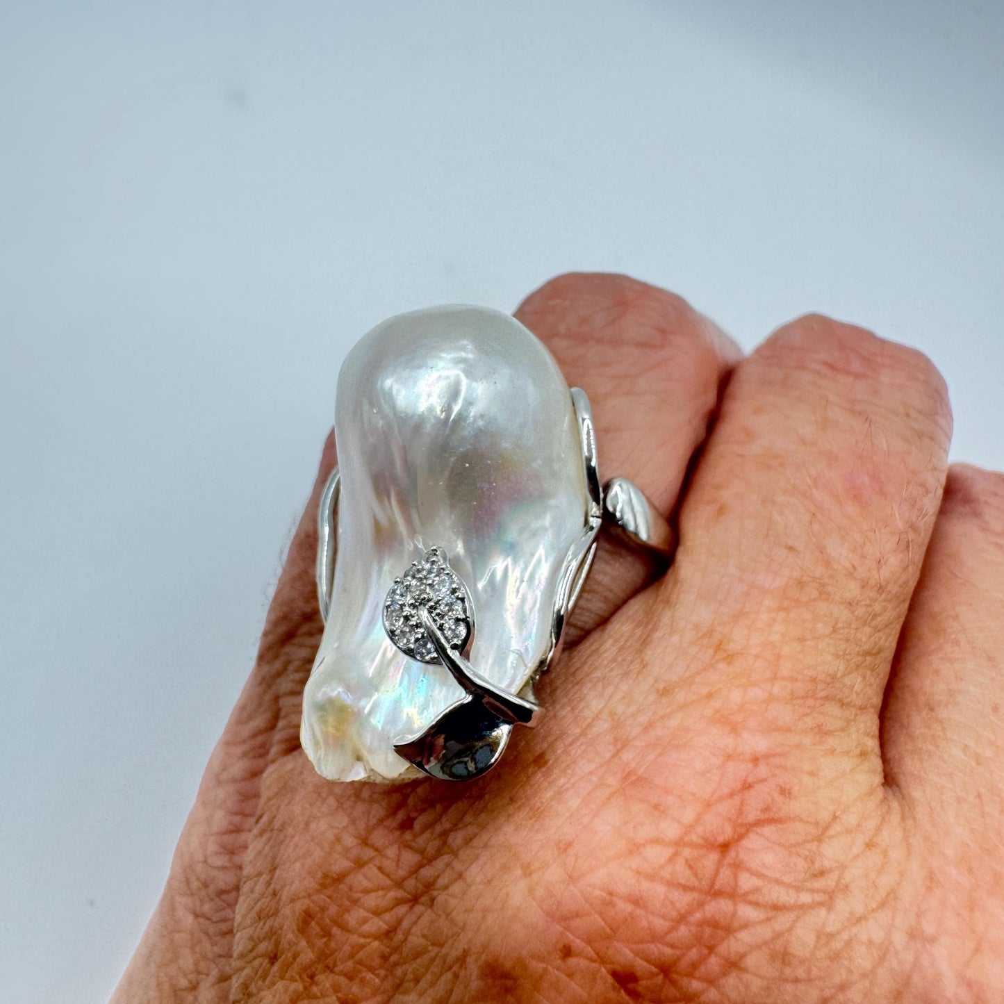 Vintage Biwa Pearl Ring 925 Sterling Silver Cocktail Statement Adjustable