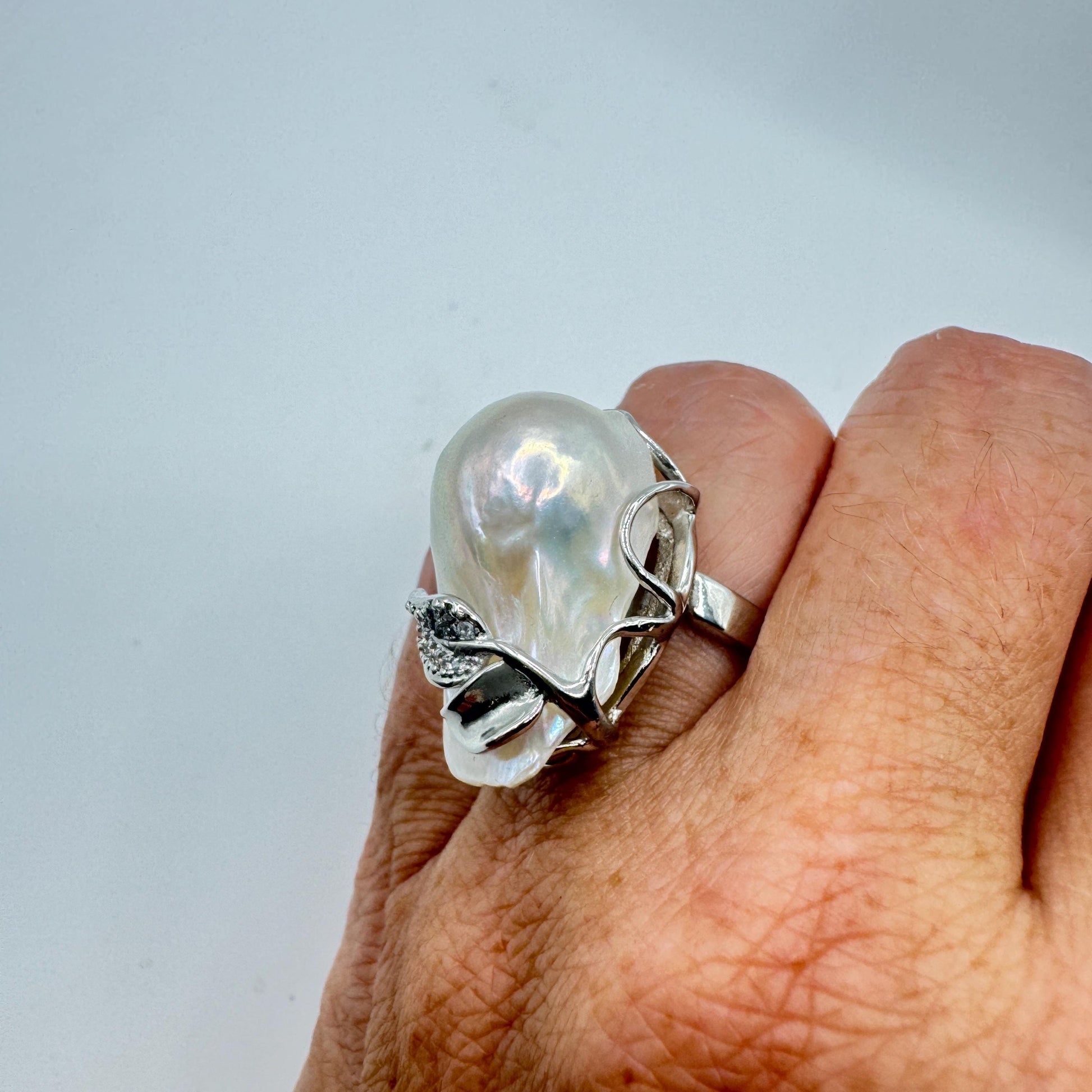 Vintage Biwa Pearl Ring 925 Sterling Silver Cocktail Statement Adjustable