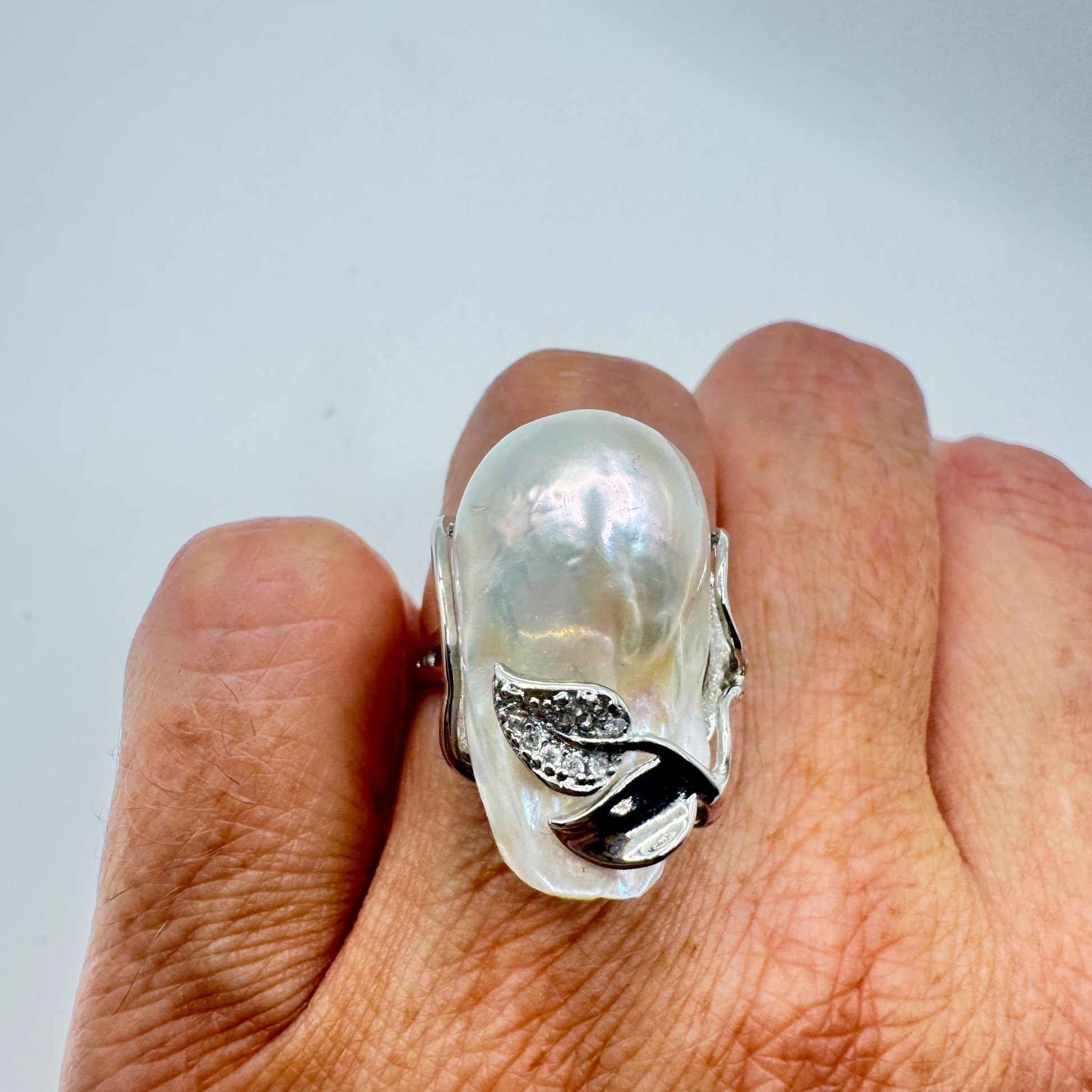 Vintage Biwa Pearl Ring 925 Sterling Silver Cocktail Statement Adjustable